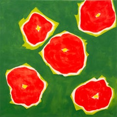 Fünf Blumen Rot auf Grün - farbenfrohe, minimalistische, abstrakte, florale Ölgemälde auf Leinwand