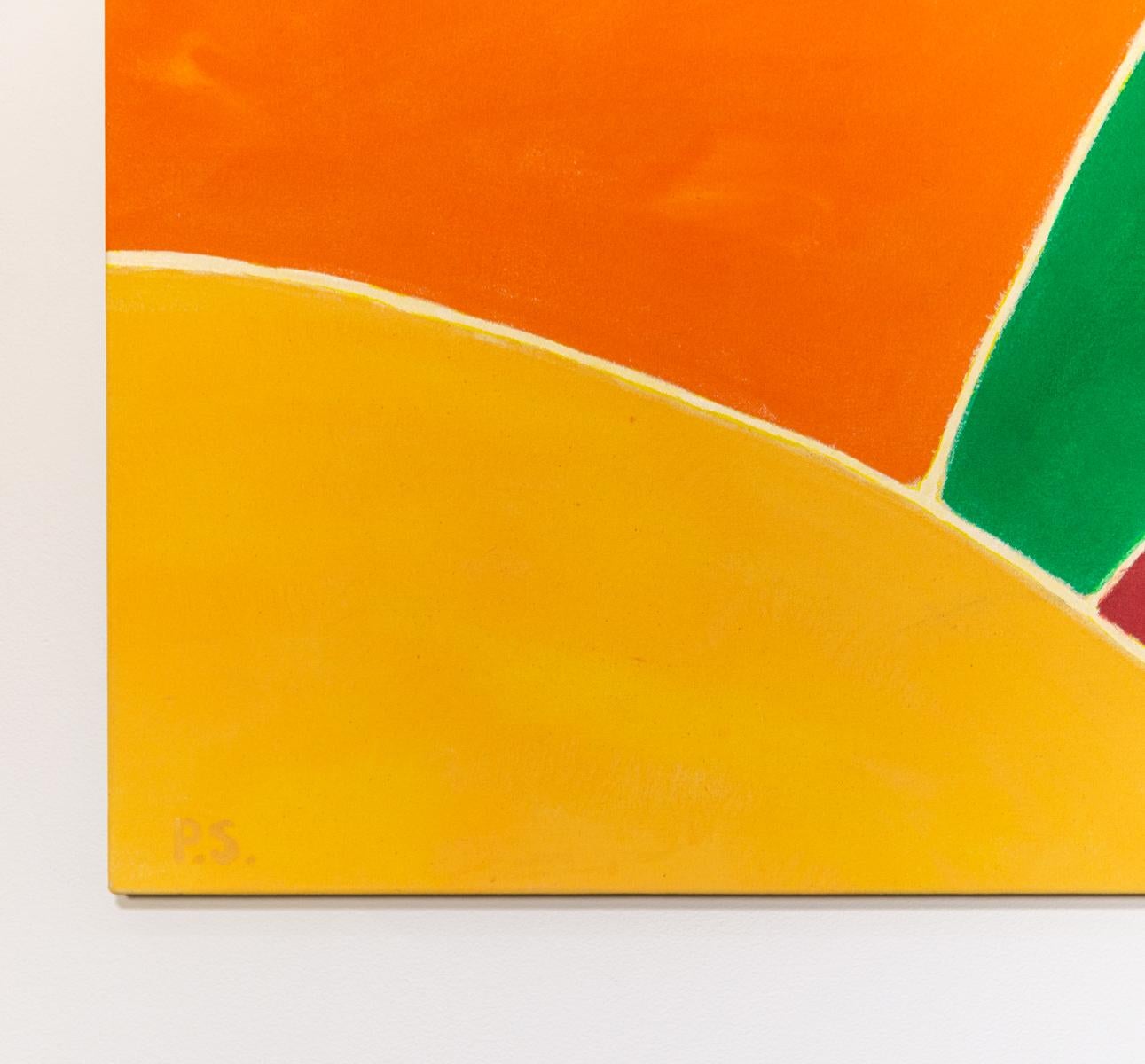 Four Hills - vibrant, minimalist, abstracted landscape, acrylic on canvas - Orange Landscape Painting by Pat Service