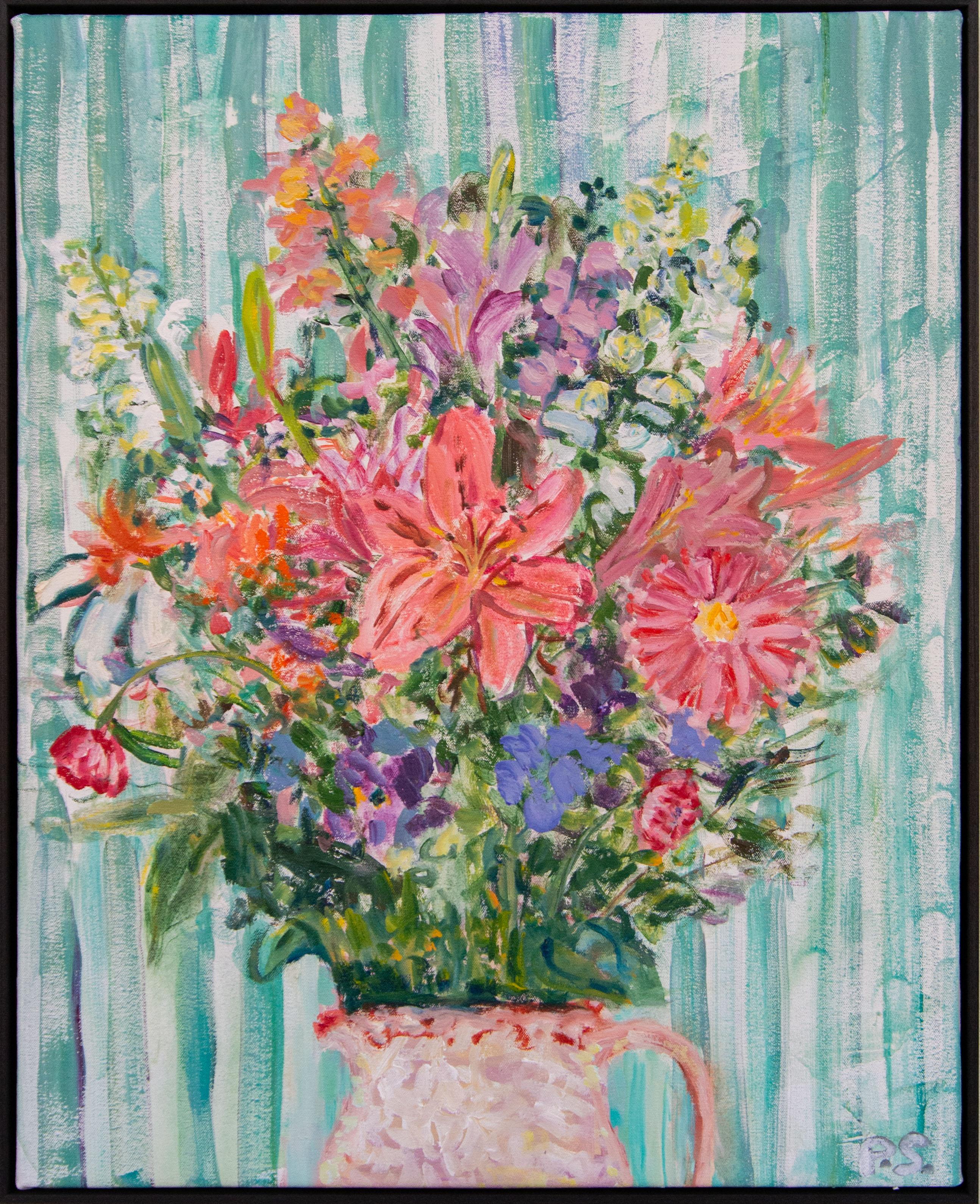 Fresh Flowers - contemporary, floral still life, acrylic and oil on canvas - Painting by Pat Service