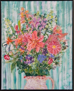 Retro Fresh Flowers - contemporary, floral still life, acrylic and oil on canvas