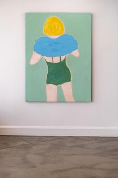 Girl with a Towel - swimmer, minimal contemporary, figurative, acrylic on canvas