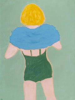 Chica con toalla - nadadora, contemporáneo minimalista, figurativo, acrílico sobre lienzo