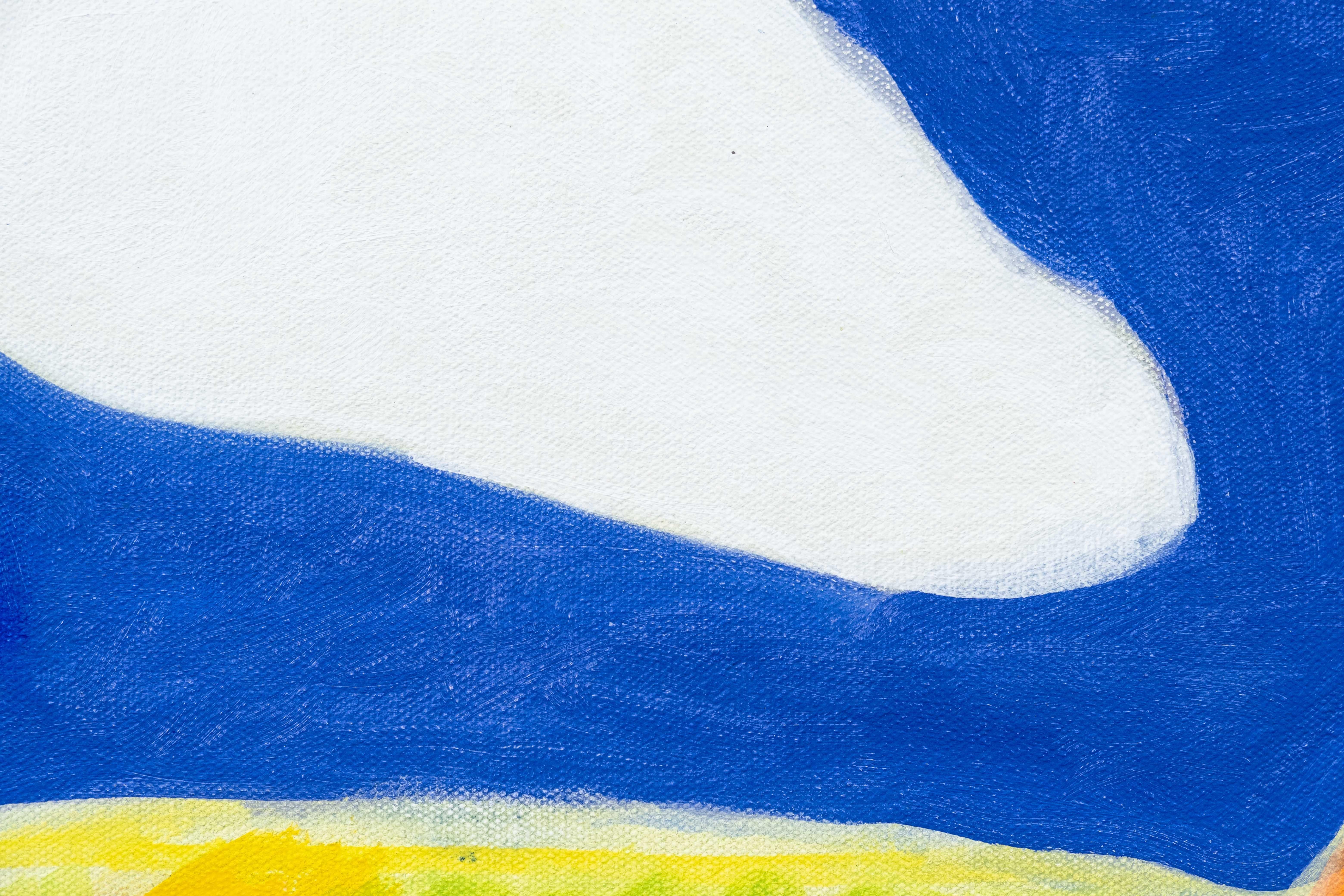 En utilisant des couleurs vives et contemporaines, Pat Service a créé une peinture joyeuse de l'autoroute qui serpente à travers un paysage montagneux. La palette de couleurs vives - jaune vif, orange, bleu profond et vert lime - accentue la forme