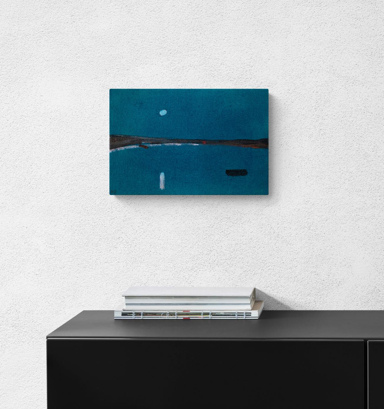 Seeufer: Graphite Blue - zeitgenössisch, minimalistisch, Landschaft, Acryl auf Leinwand im Angebot 9