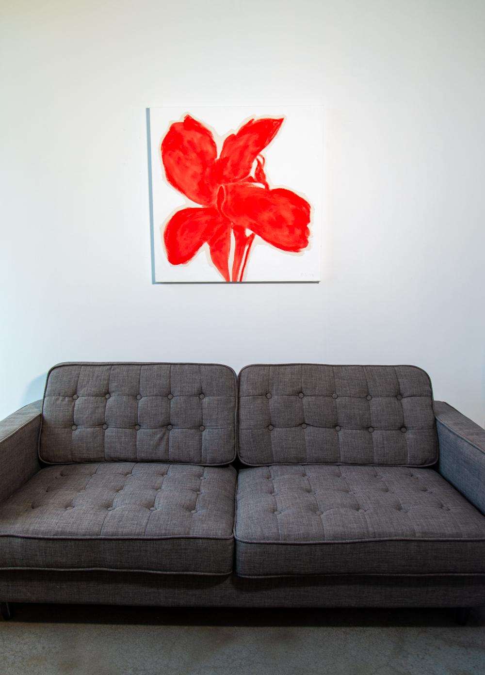 The distinctive shape of a bright red lily pops from the canvas in this engaging floral abstract by Vancouver artist, Pat Service. Reminiscent of Andy Warhol, Service’s flowers are pared down to the essentials--simple shapes without leaves or stems.