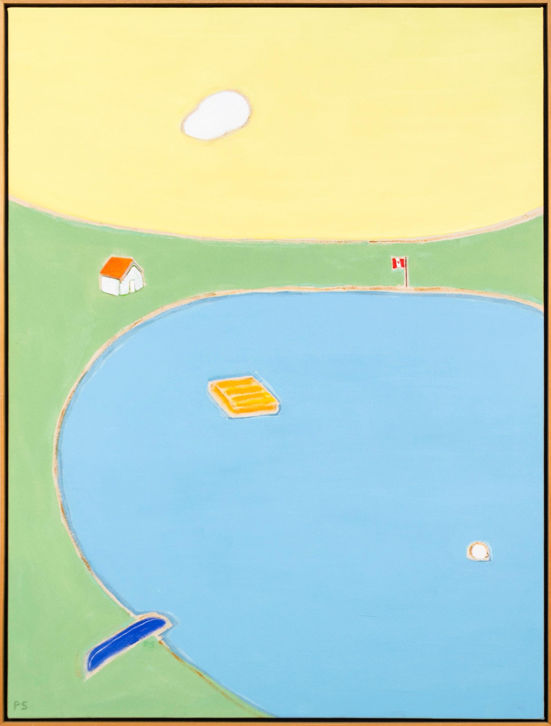 Pat Service Abstract Painting - Middle Lake - colorful, minimalist, abstracted landscape, acrylic on canvas