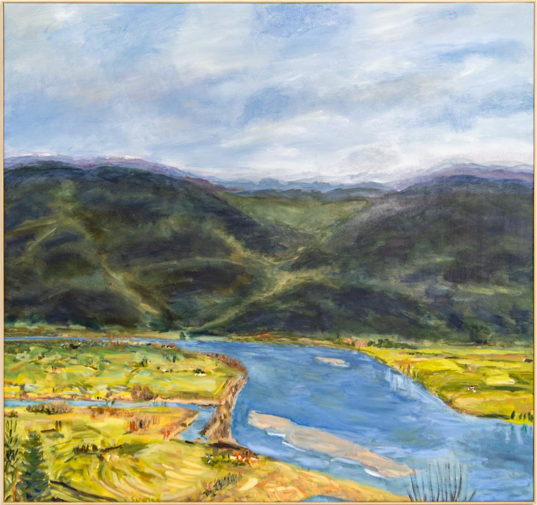 Mission View - groß, ausdrucksstark, farbenfroh, Landschaft, Acryl auf Leinwand – Painting von Pat Service