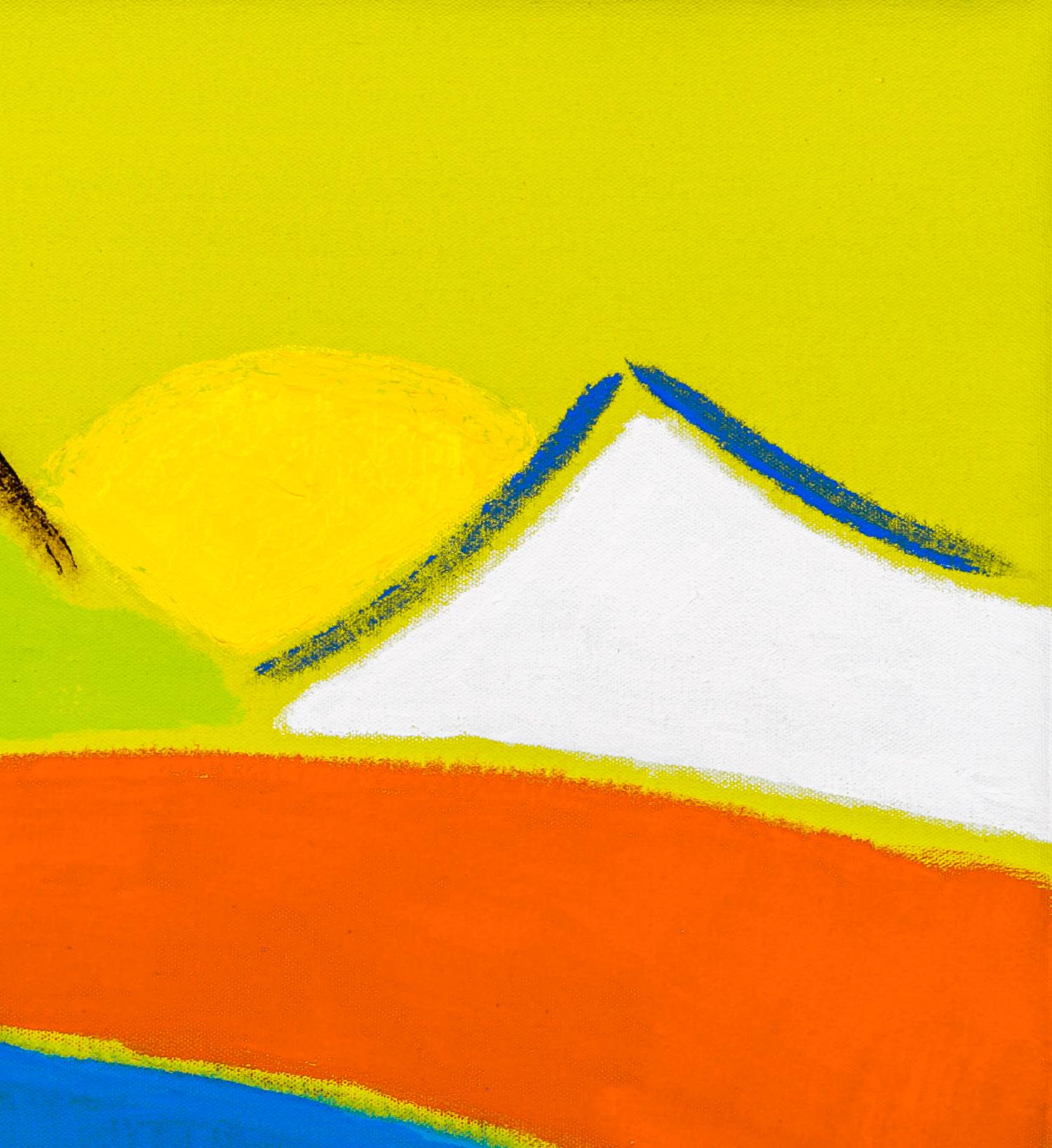 Sol de montaña - paisaje brillante, minimalista y abstracto, acrílico sobre lienzo - Landscape Painting Amarillo de Pat Service
