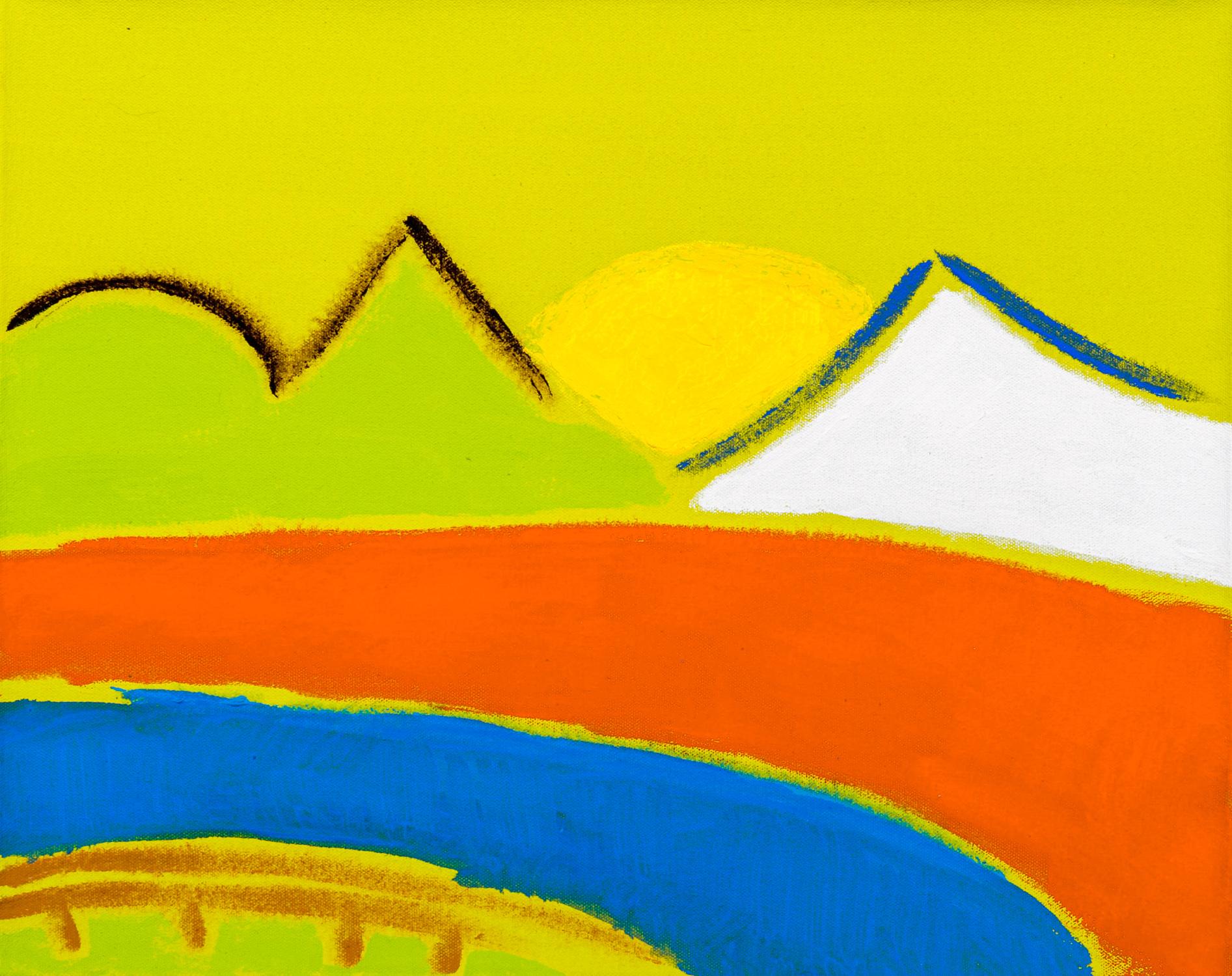 Pat Service Landscape Painting - Mountain Sun - bright, minimalist, abstracted landscape, acrylic on canvas