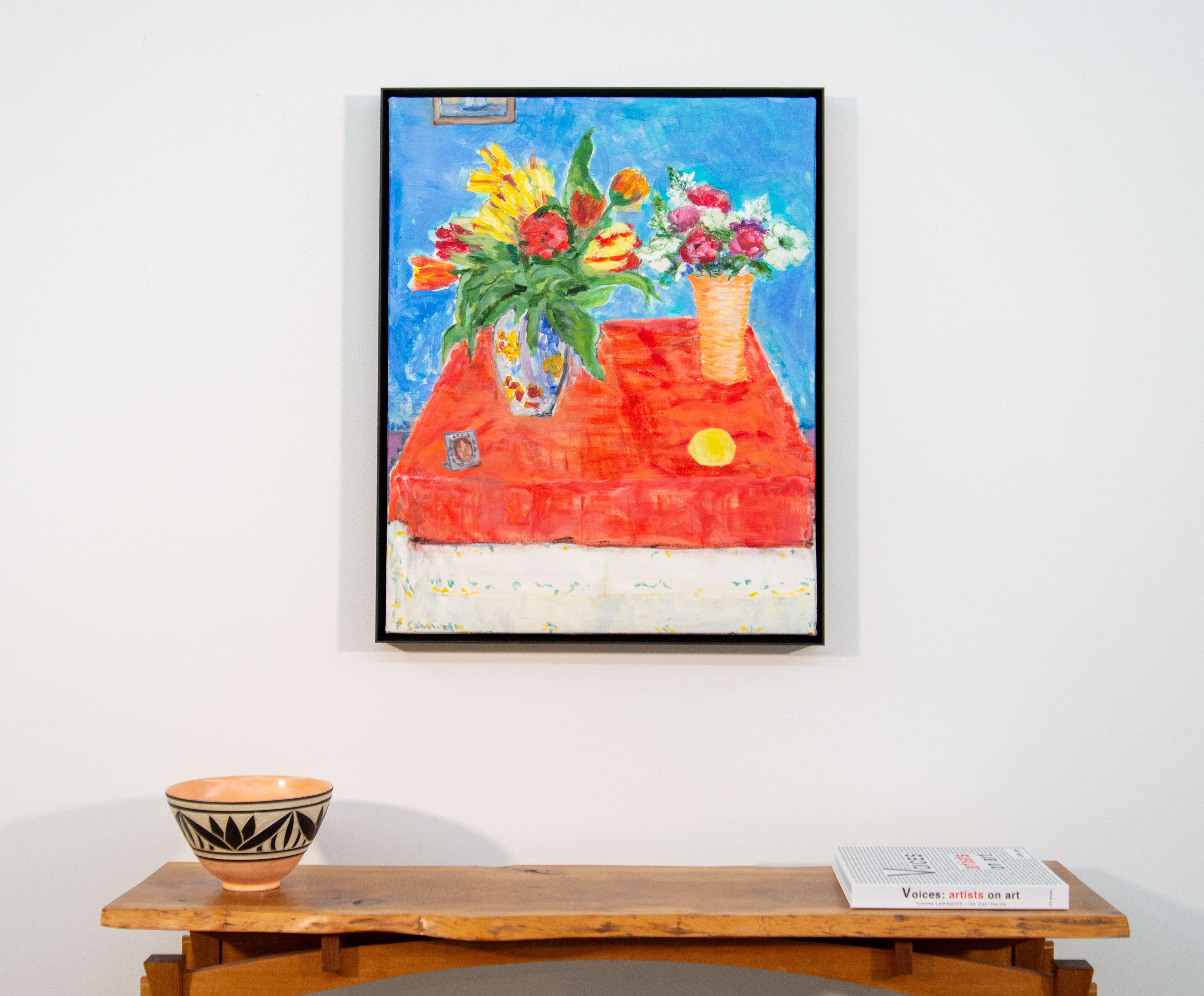 My Favourite Orange Silk Cloth - nature morte florale, acrylique et huile sur toile en vente 6