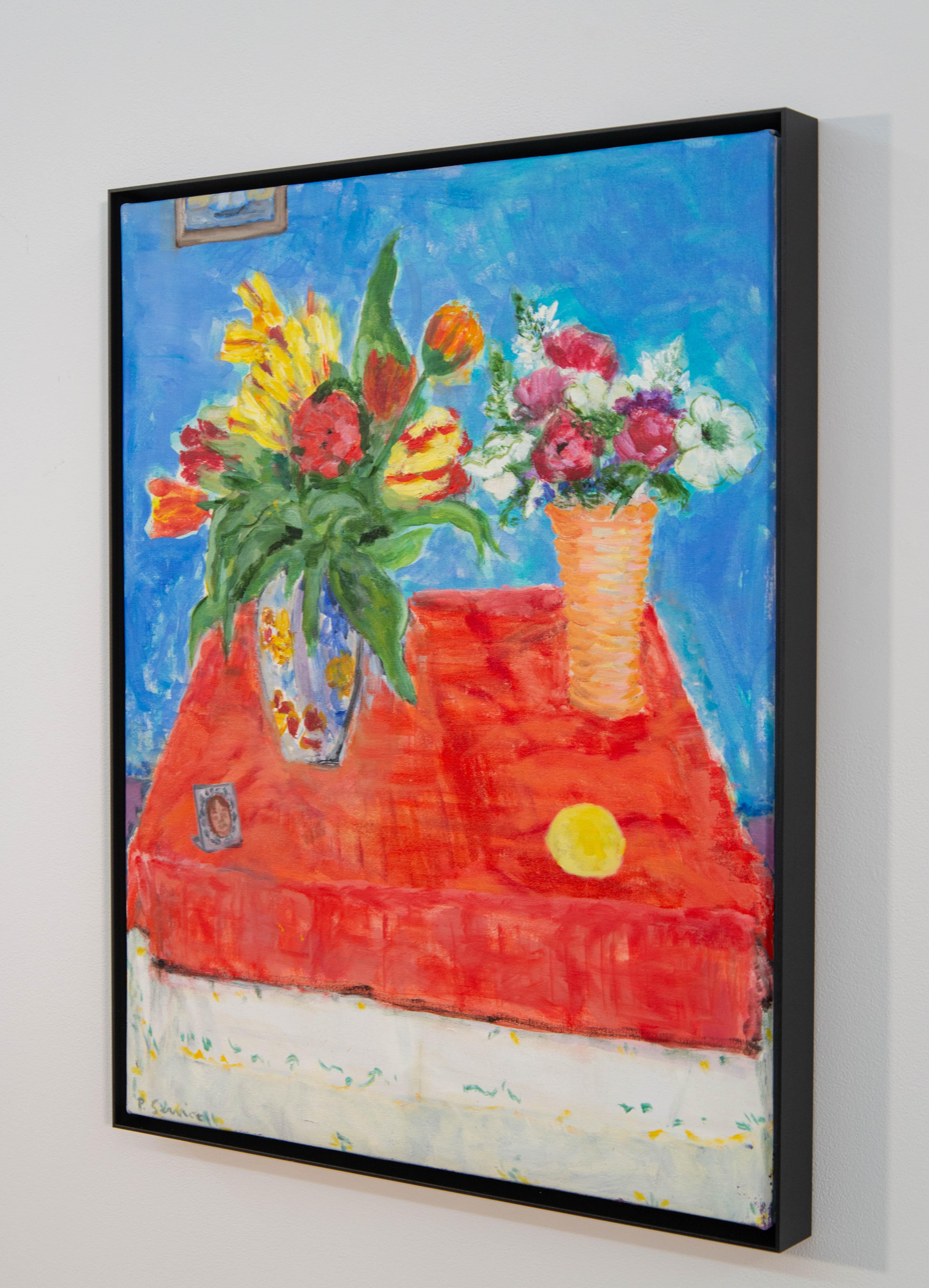 My Favourite Orange Seidentuch - Blumenstillleben, Acryl und Öl auf Leinwand – Painting von Pat Service