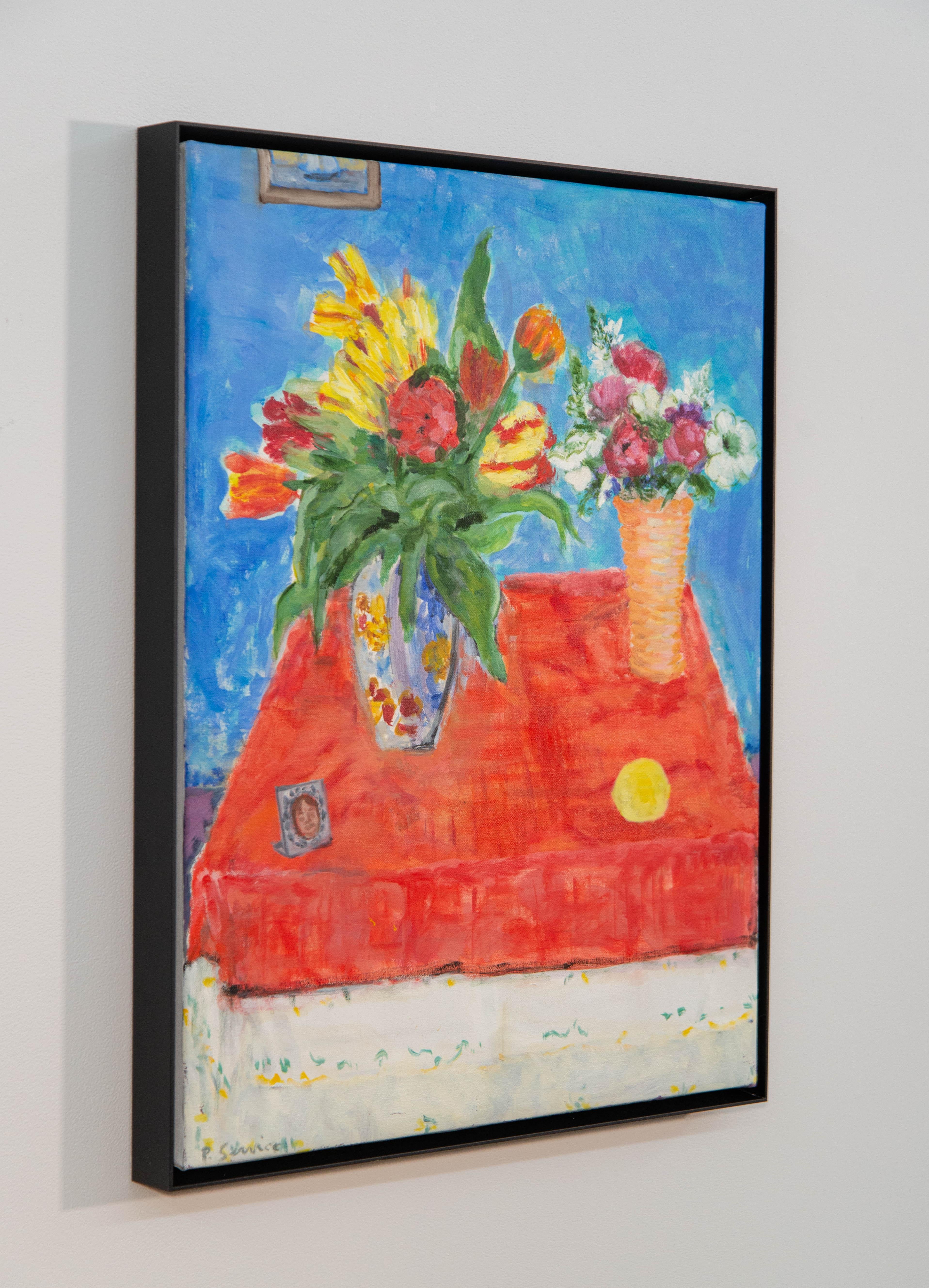 My Favourite Orange Seidentuch - Blumenstillleben, Acryl und Öl auf Leinwand (Zeitgenössisch), Painting, von Pat Service