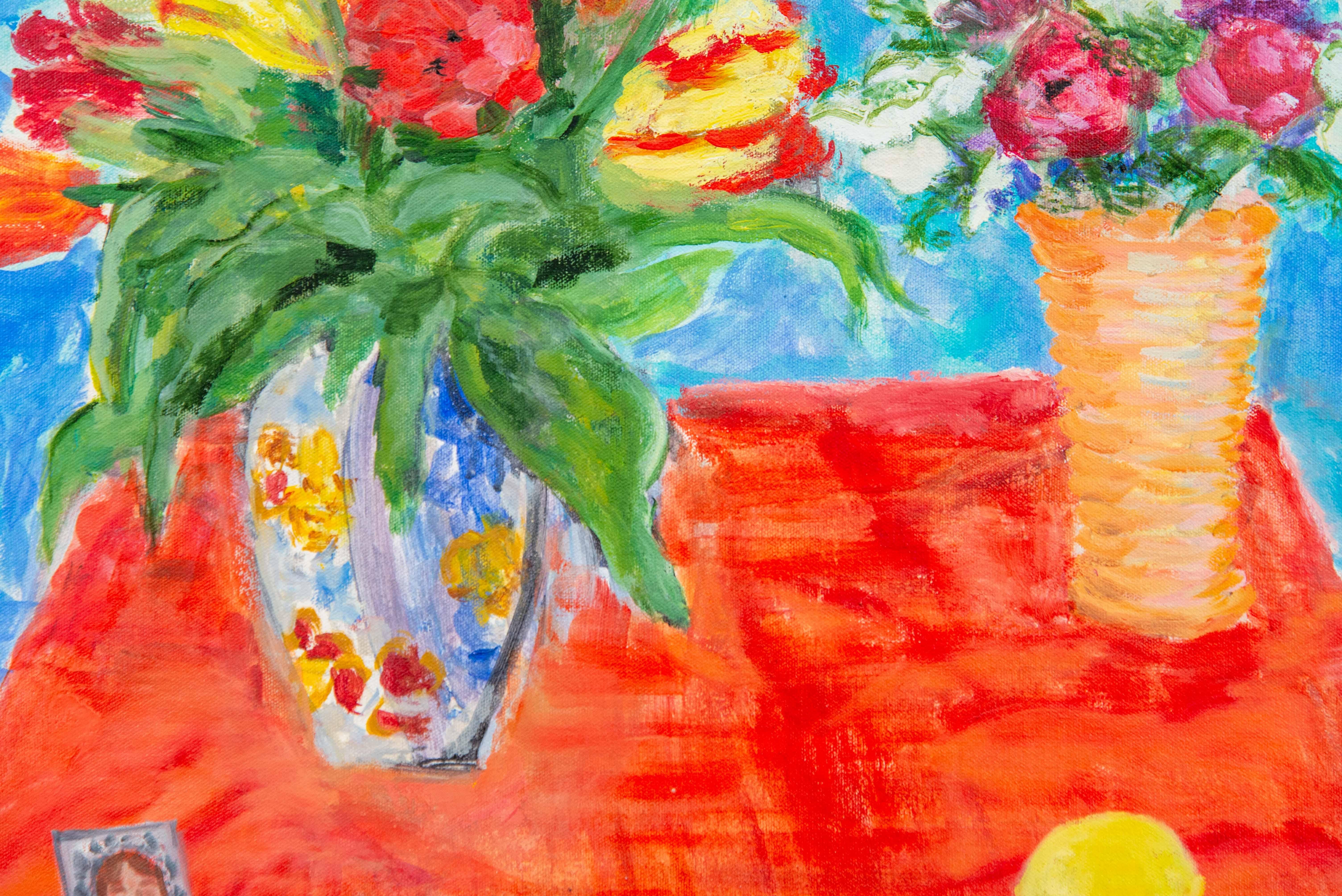 My Favourite Orange Silk Cloth - nature morte florale, acrylique et huile sur toile en vente 2