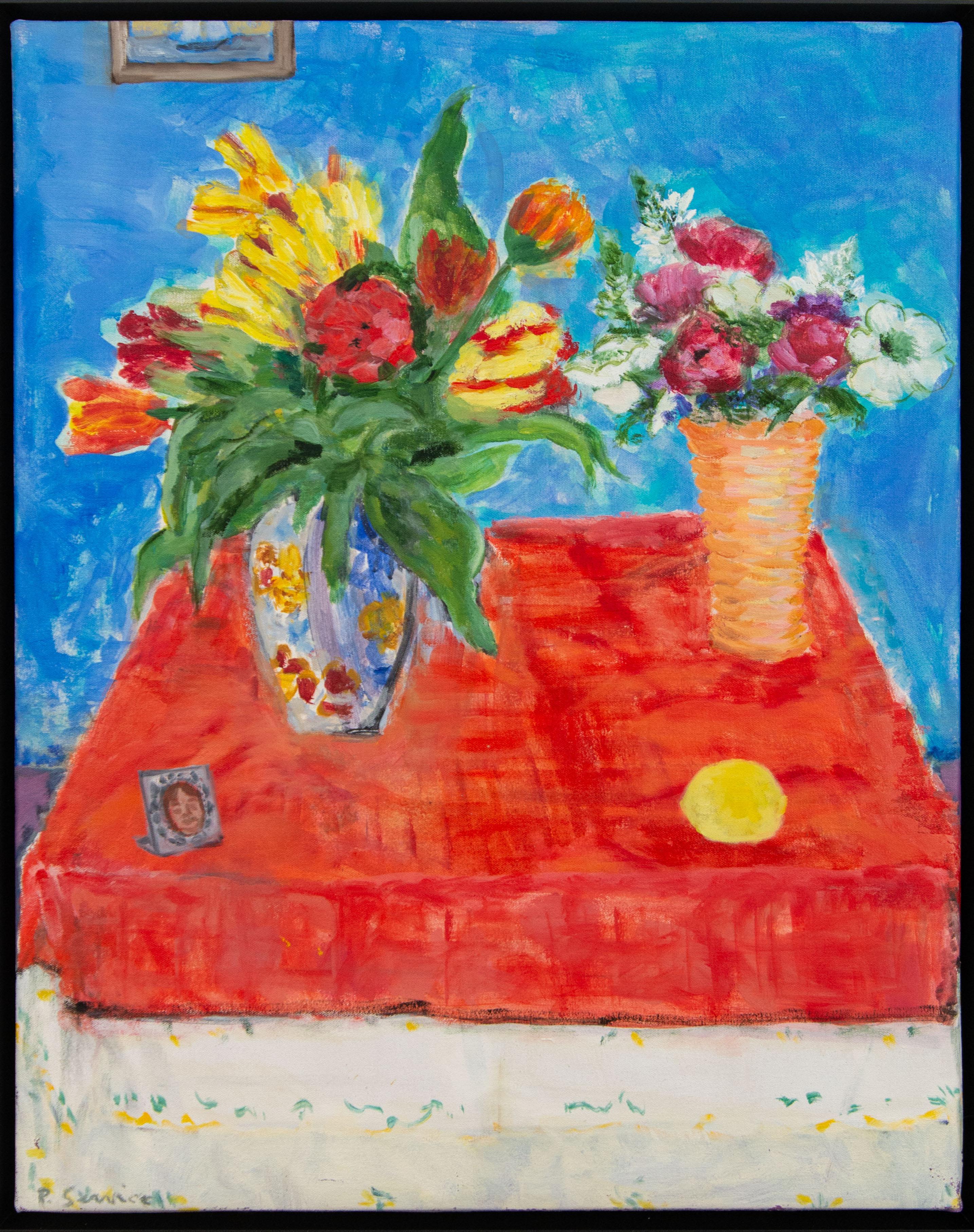 Pat Service Still-Life Painting – My Favourite Orange Seidentuch - Blumenstillleben, Acryl und Öl auf Leinwand