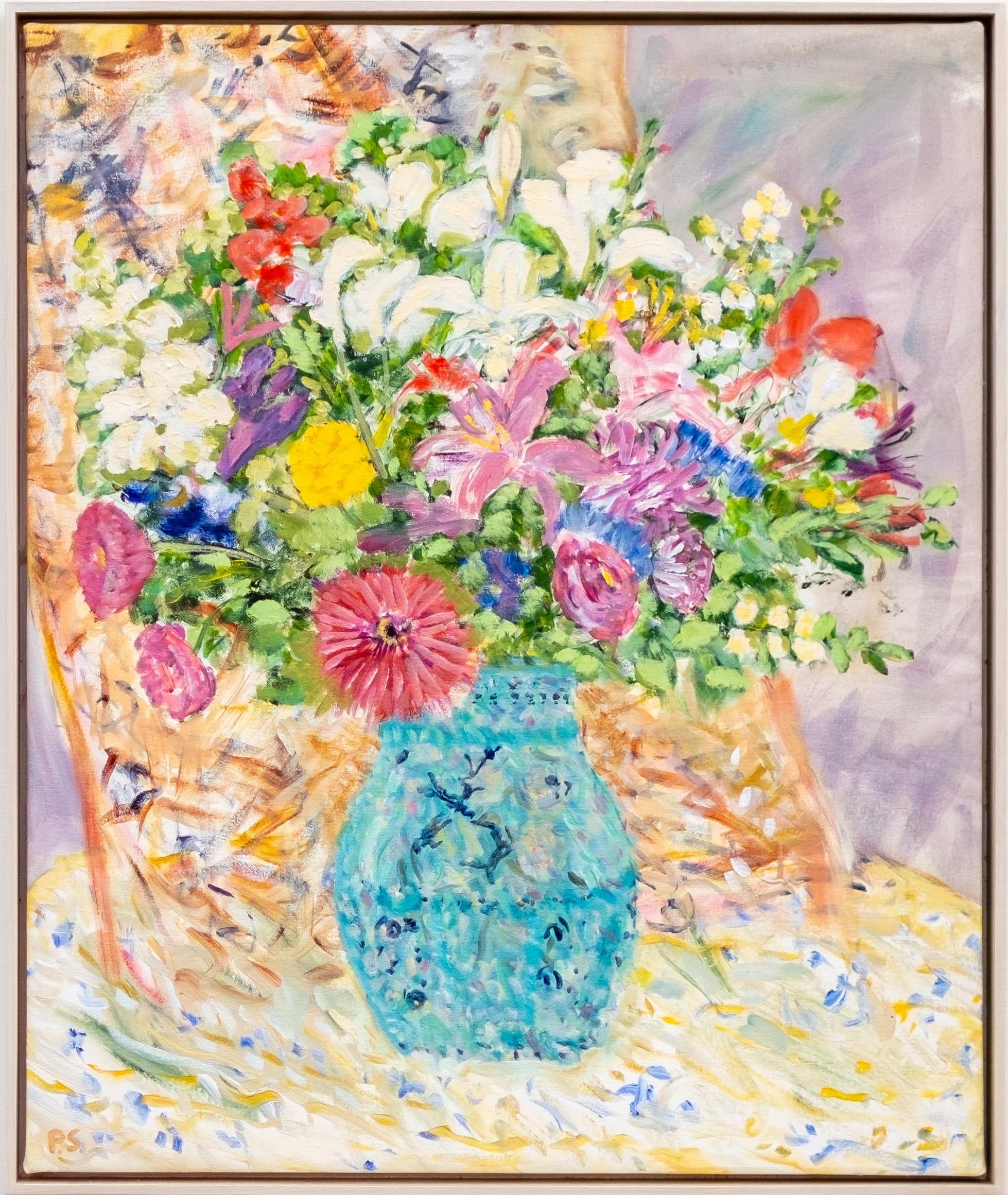 Still-Life Painting Pat Service - One & a Half - contemporaine, nature morte florale, acrylique et huile sur toile