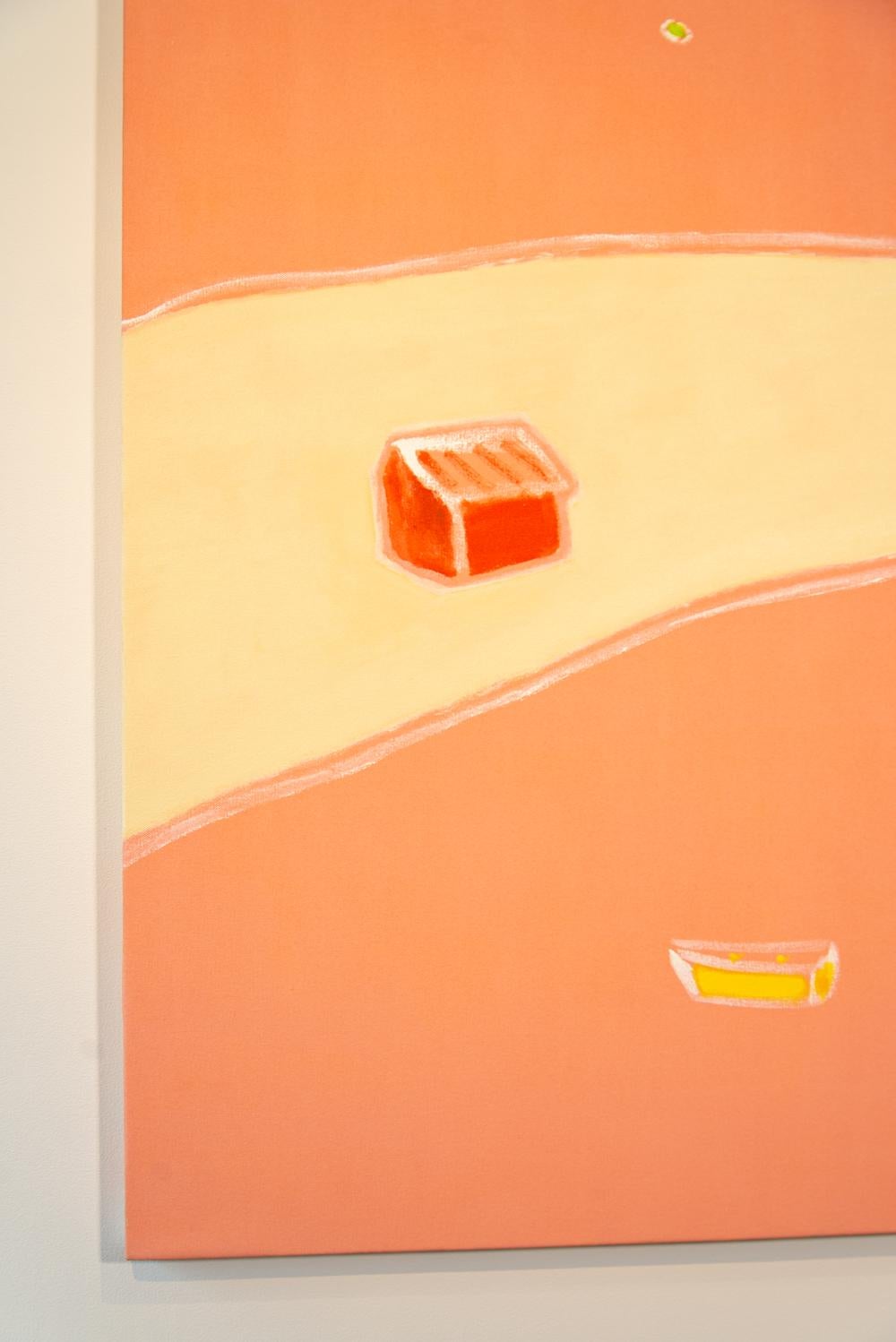 Cette peinture abstraite saisissante de l'artiste de Vancouver Pat Service a été inspirée par une aquarelle d'un lac en été. Des eaux orange vif, une bande d'arbres en jaune tendre, une cabane en orange, un bateau bleu sur le rivage et un radeau en