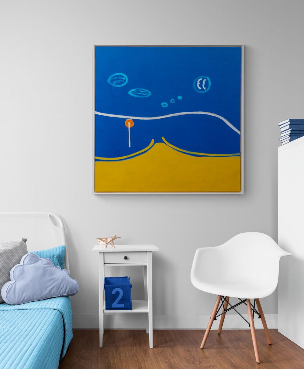 This intriguing minimalist composition by Pat Service was inspired by her love of road trips and is all about colour and clean, bold shapes. The canvas is saturated with a deep blue bordered by golden yellow and divided by a curvy white line--the