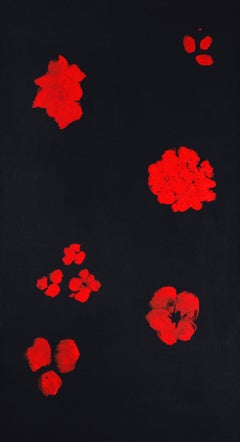 Red on Black - dark, expressive, abstracted florals, acrylic on canvas
