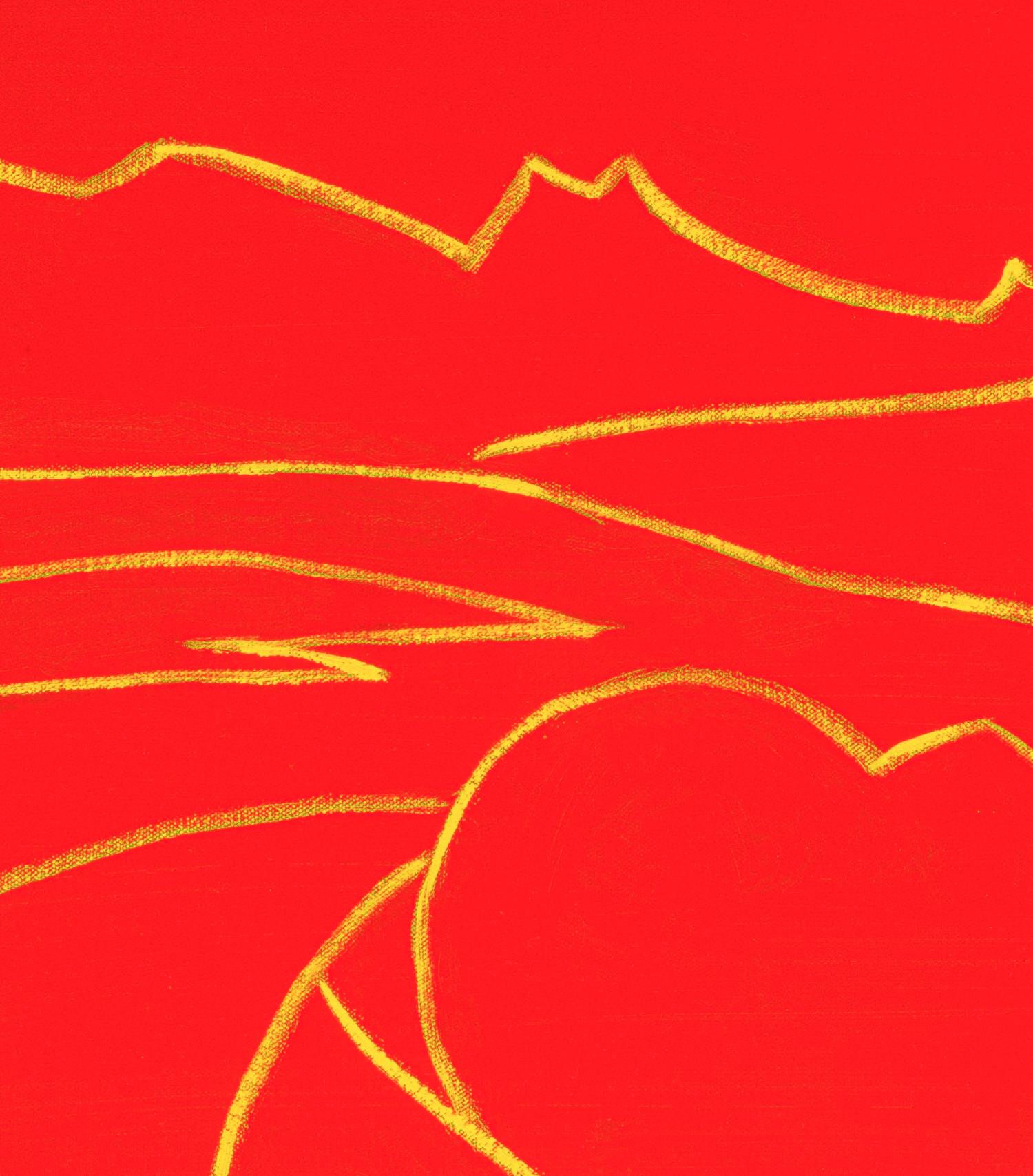 Des couleurs brillantes attirent le spectateur dans cette peinture minimaliste et lyrique de Pat Service. Des lignes audacieuses en jaune définissent le paysage, les montagnes au loin, la route qui serpente entre les champs. Au fil des ans, de