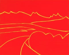 Red Route - warm, vibrant, minimalist, abstracted landscape, oil on canvas
