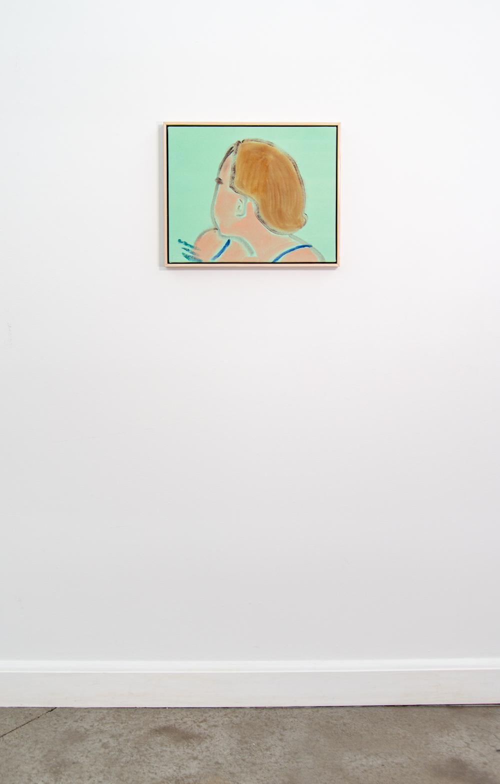 In this charming minimalist portrait by Pat Service, a young female—her head and shoulders visible appears to be looking behind her. The background is a pretty soft green and the figure’s hair is in a brown bob—deep blue spaghetti straps of a dress