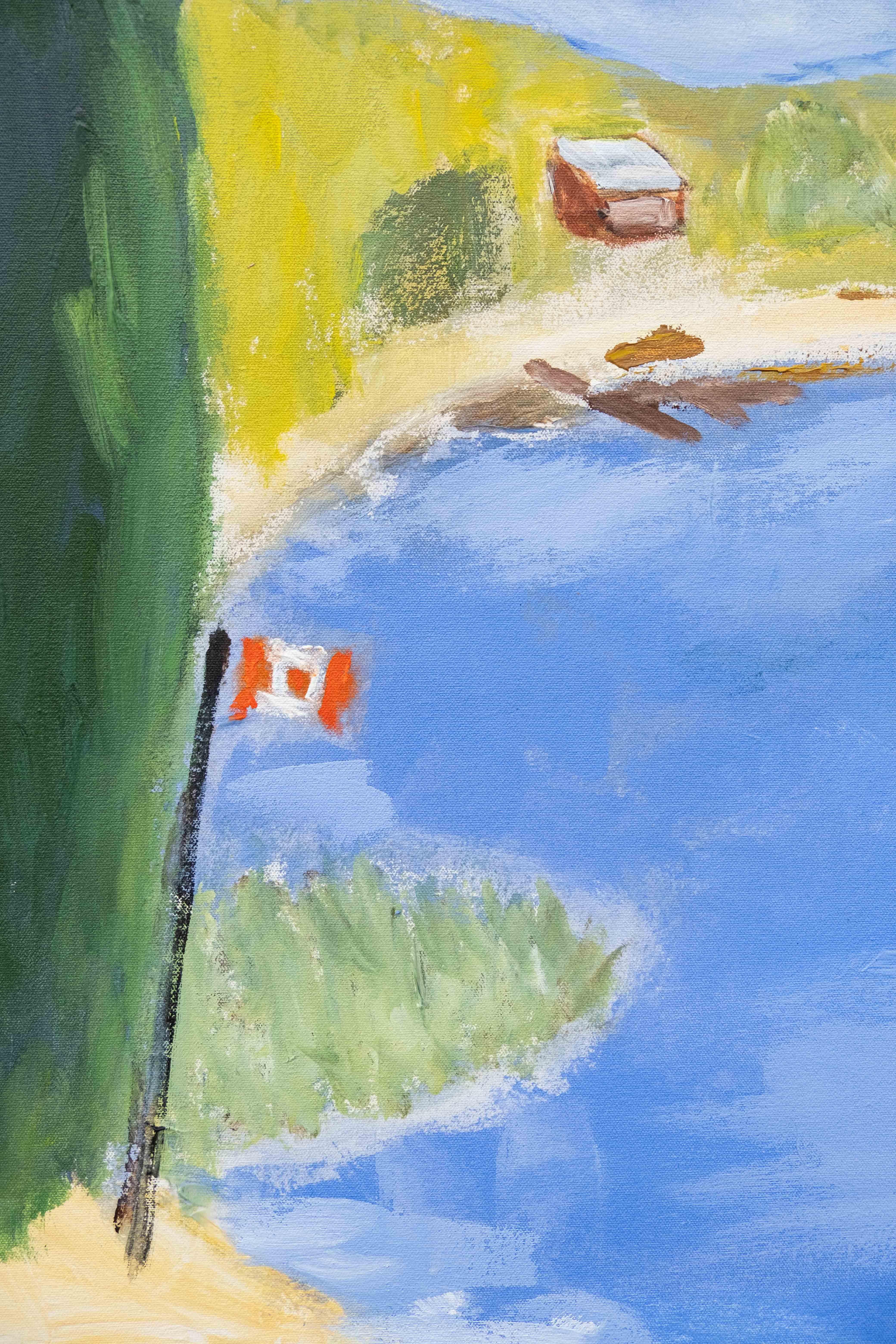 The colours of summer by the lake are celebrated in this pastoral painting by Pat Service. The Canadian artist is known for her landscapes—this minimalist piece illustrates a classic lake and beach view—the deep blues of the cloud filled sky and