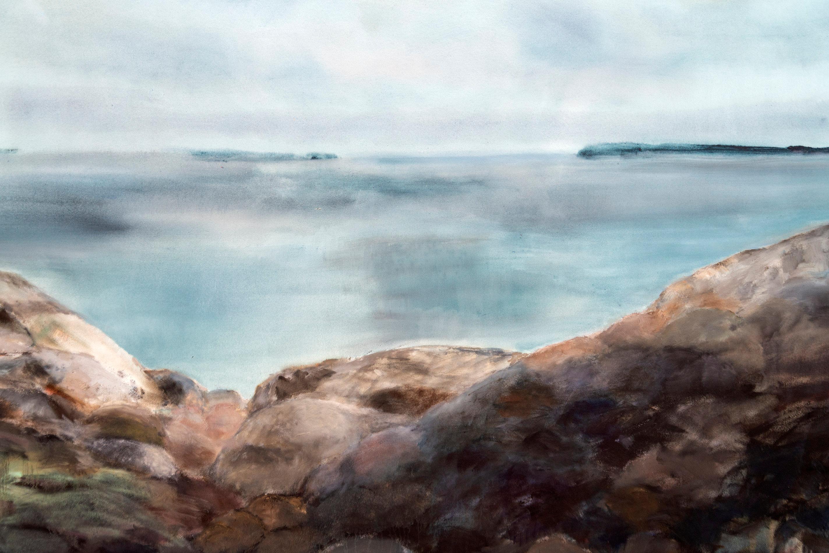 Rocks and Sky – große, beruhigende Küste, Landschaft, Acryl auf Leinwand im Angebot 7