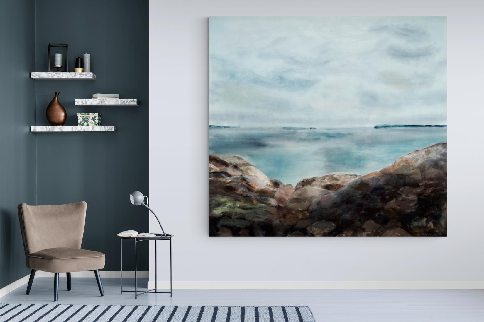 Rocks and Sky - large, calming, shoreline, landscape, acrylic on canvas For Sale 5