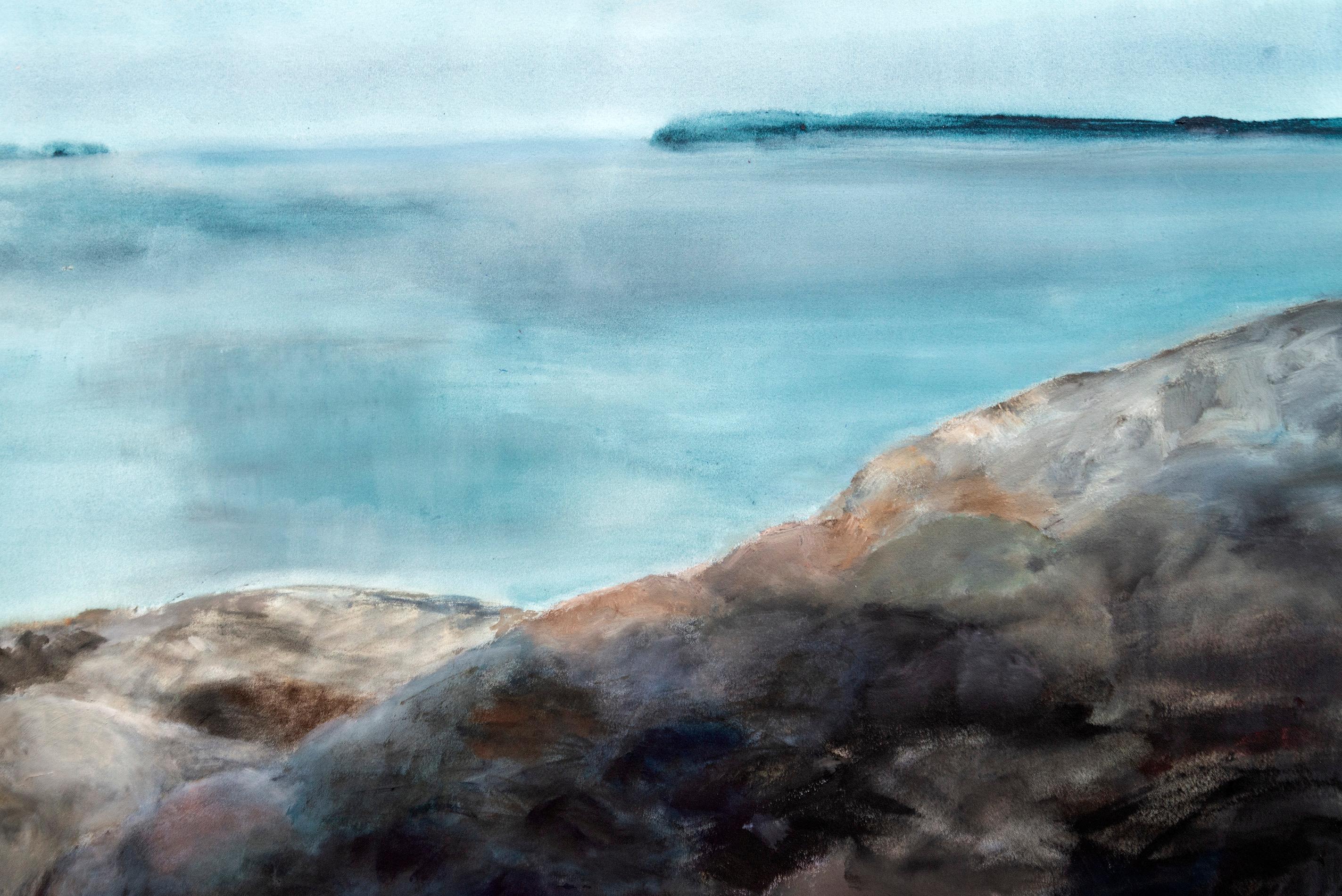Rocks and Sky - large, calming, shoreline, landscape, acrylic on canvas - Contemporary Painting by Pat Service
