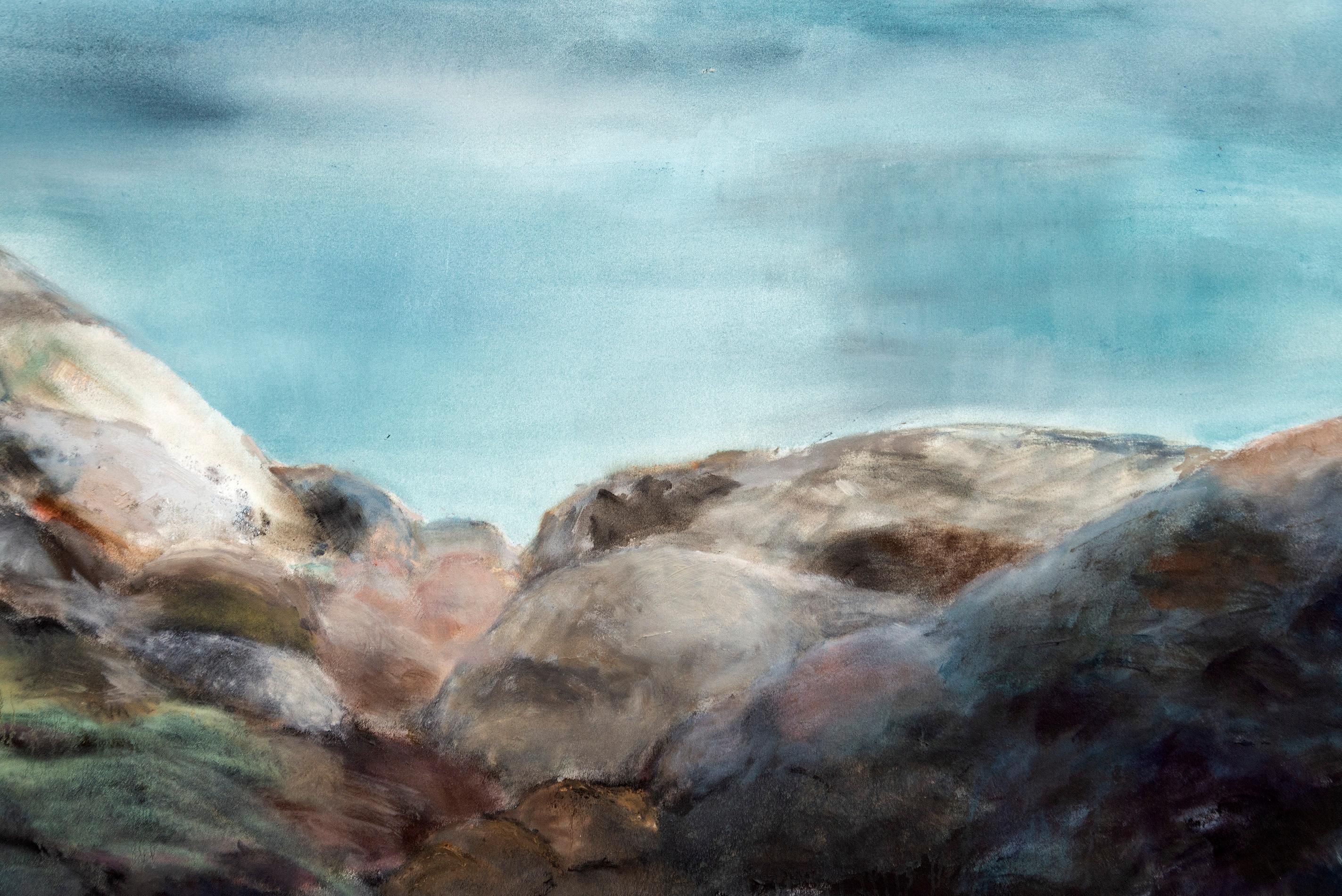 Canadian artist Pat Service grew up surrounded by the rugged beauty of the BC landscape—forests, sea and sky. In this, one of her earlier landscape paintings Service has captured a view of the sea and sky from a rocky shoreline. The subtle soft