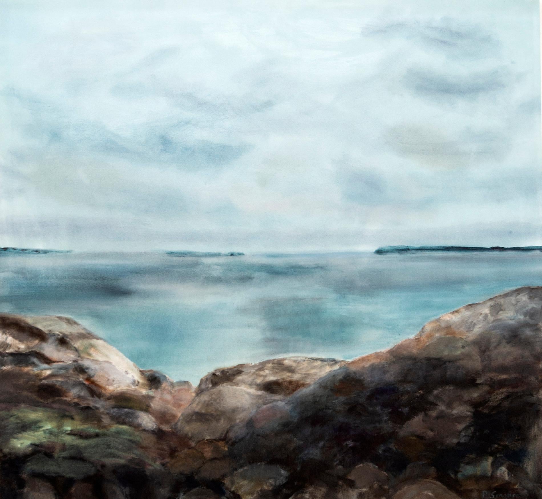 Rocks and Sky - large, calming, shoreline, landscape, acrylic on canvas - Painting by Pat Service