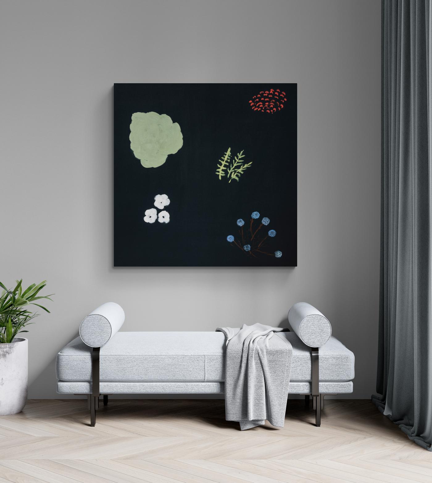 Settled - dark, expressive, minimalist, abstracted florals, acrylic on canvas For Sale 5