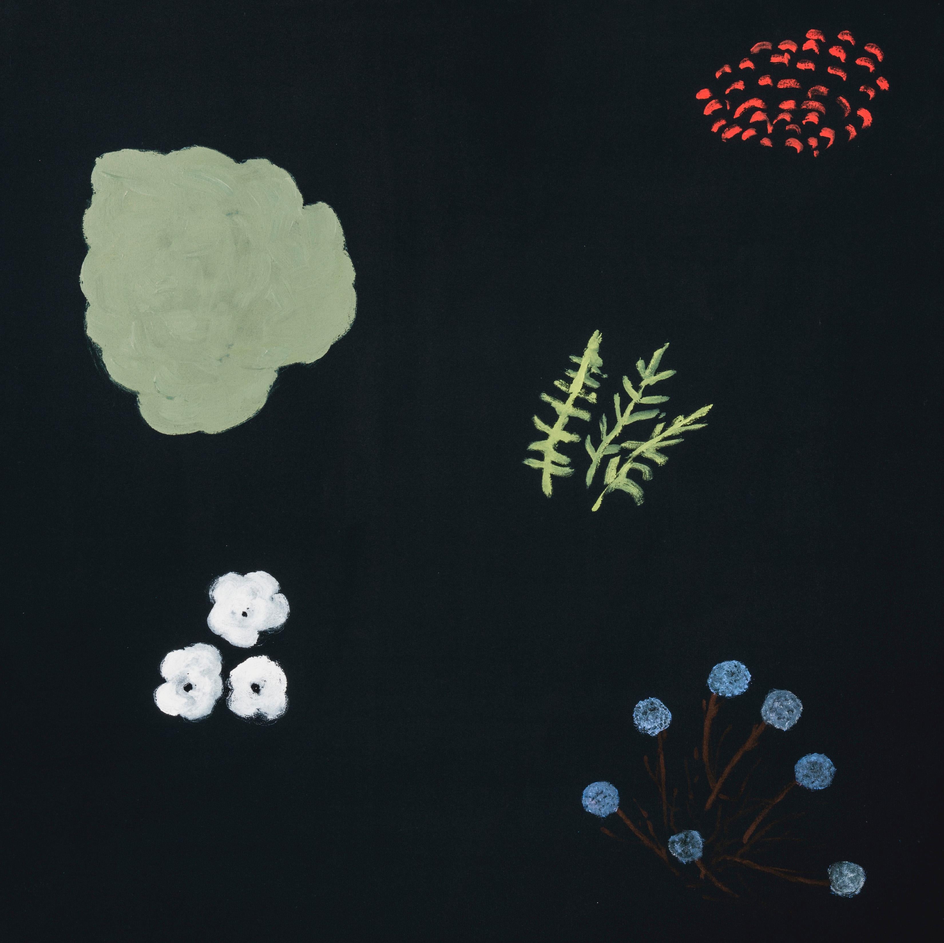 Settled - scuro, espressivo, minimalista, fiori astratti, acrilico su tela - Painting di Pat Service