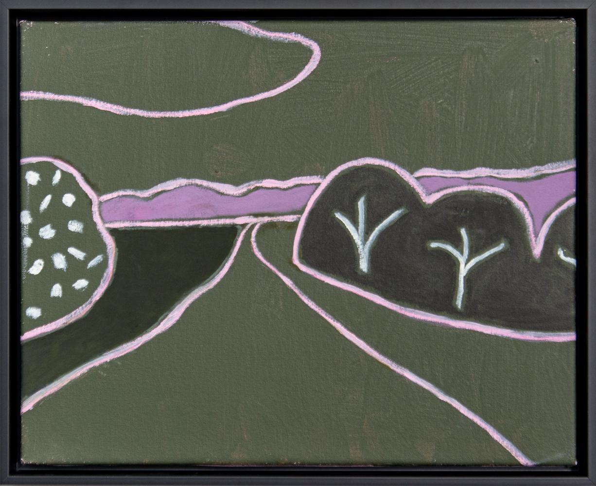 Einfache Geschichte – farbenfrohe, minimalistische, abstrahierte Landschaft, Acryl auf Leinwand – Painting von Pat Service