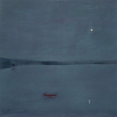 Still Lake - Pittura acrilica a tarda notte, paesaggio minimalista, anni 2010