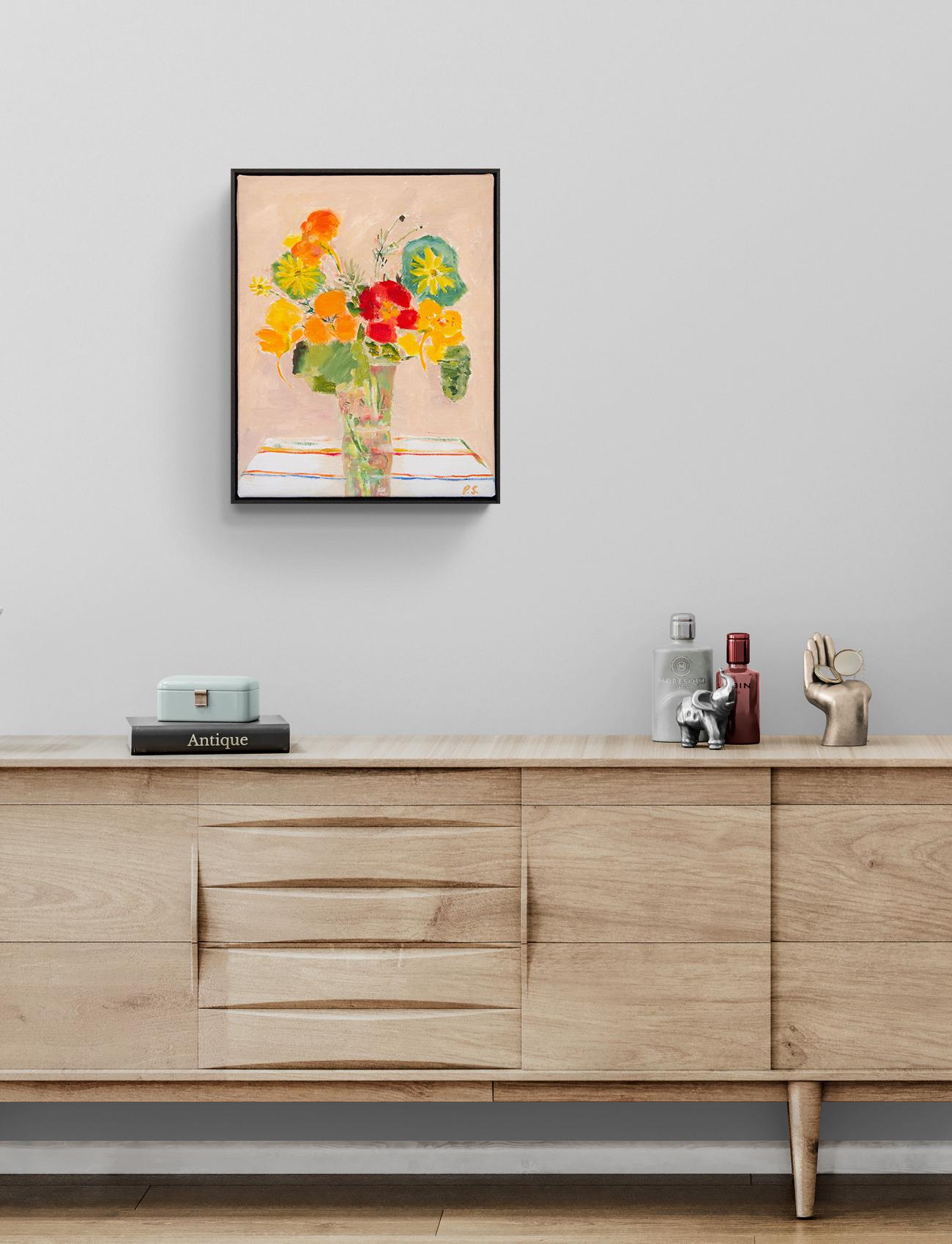 Flores de verano - bodegón floral contemporáneo, acrílico y óleo sobre lienzo en venta 8