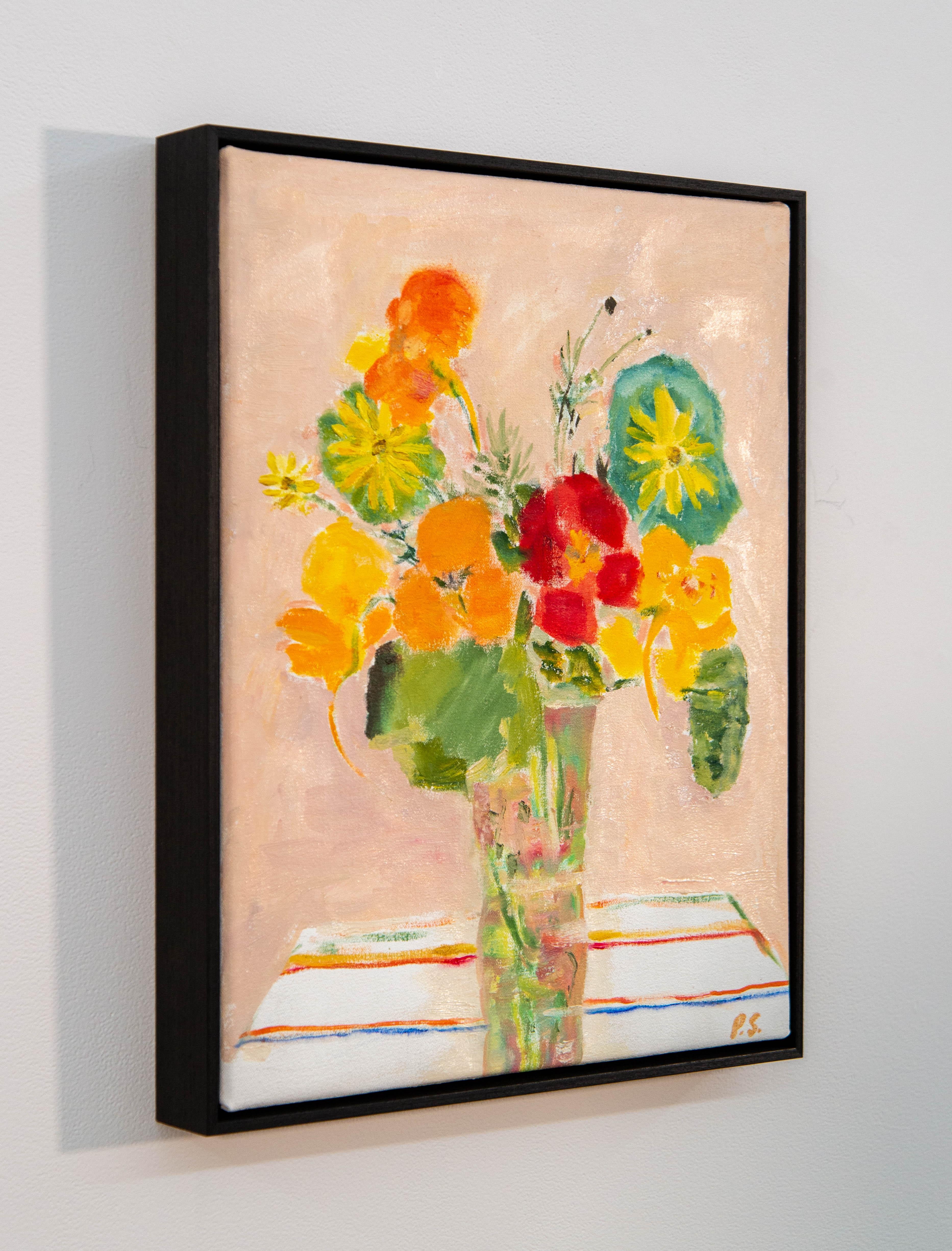 The simple beauty of a summer bouquet is celebrated in this lovely floral portrait by Pat Service. The Canadian artist chose to experiment with the classic still-life genre in her own unique way. Brightly coloured flowers in red, orange, yellow and