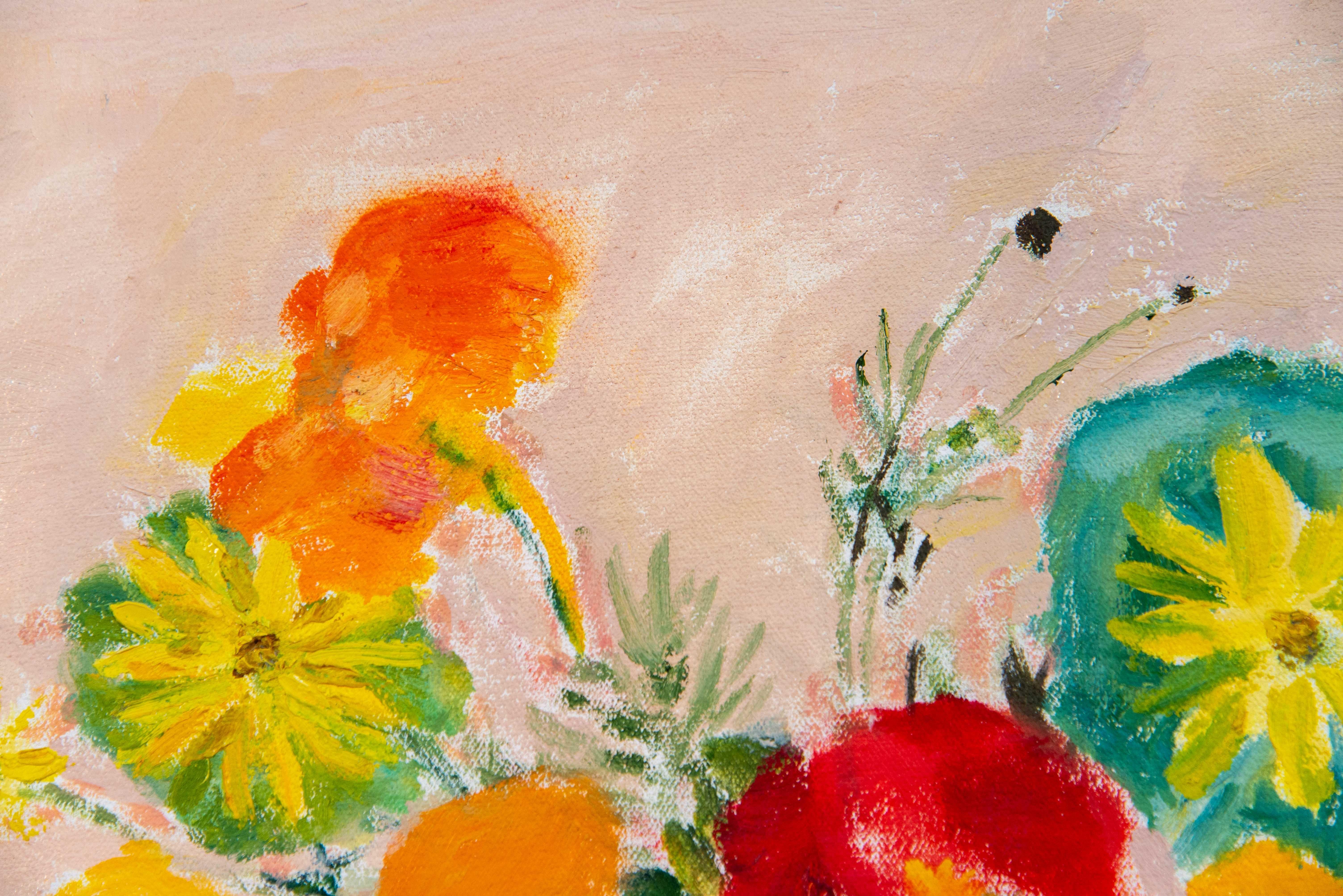 Flores de verano - bodegón floral contemporáneo, acrílico y óleo sobre lienzo en venta 4