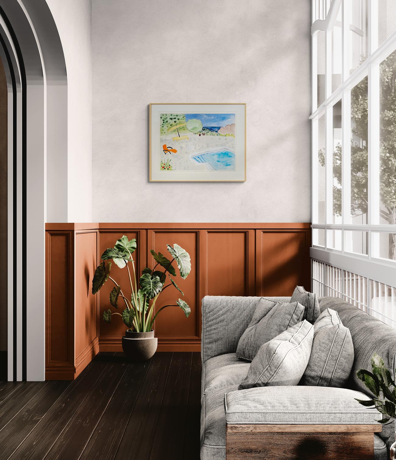Swimming Pool Orange Chair - zeitgenössisch, minimalistisch, Aquarell auf Papier im Angebot 7