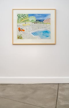 Piscina Silla Naranja - contemporánea, minimalista, acuarela sobre papel