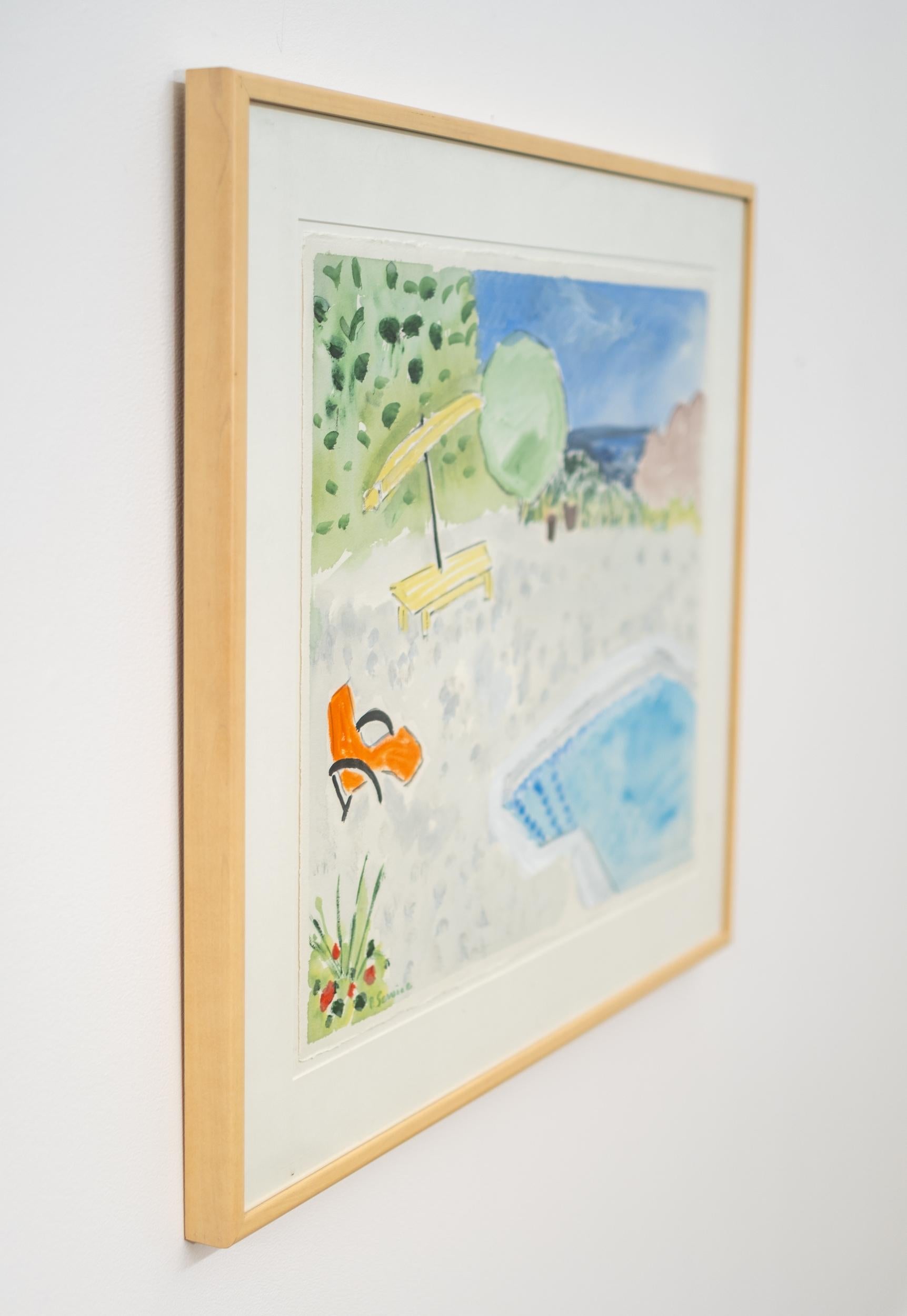 Swimming Pool Orange Chair - zeitgenössisch, minimalistisch, Aquarell auf Papier (Zeitgenössisch), Painting, von Pat Service