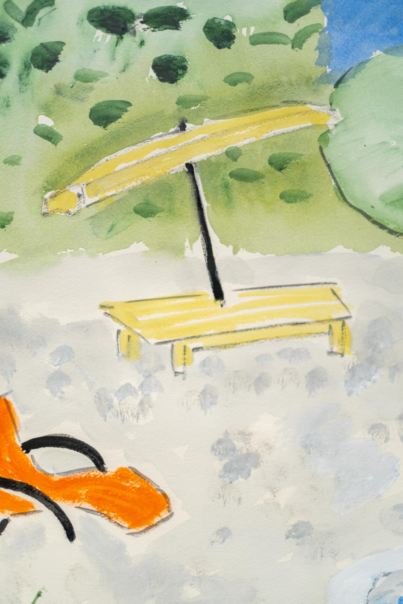Swimming Pool Orange Chair - zeitgenössisch, minimalistisch, Aquarell auf Papier im Angebot 1