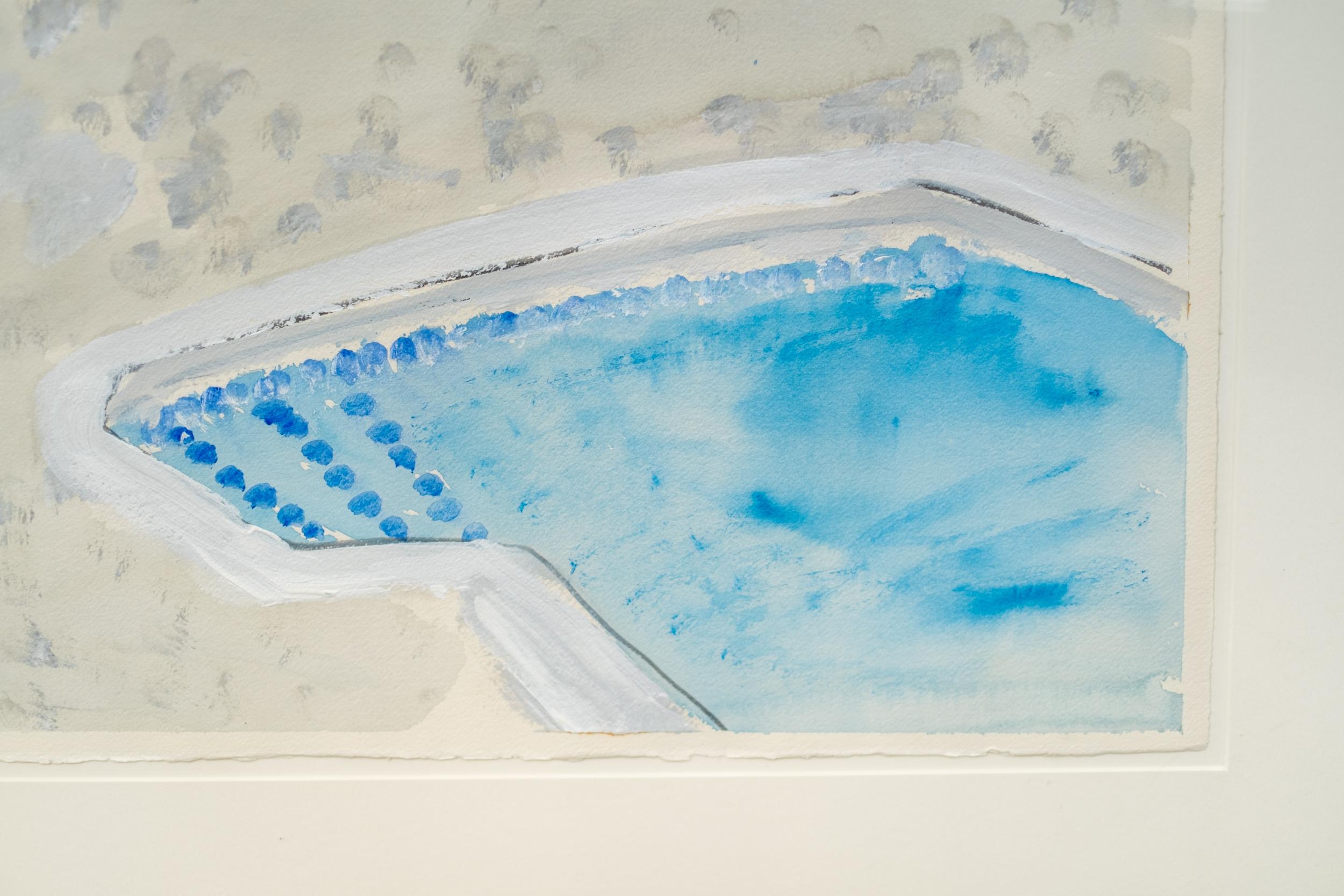 Swimming Pool Orange Chair - zeitgenössisch, minimalistisch, Aquarell auf Papier im Angebot 3