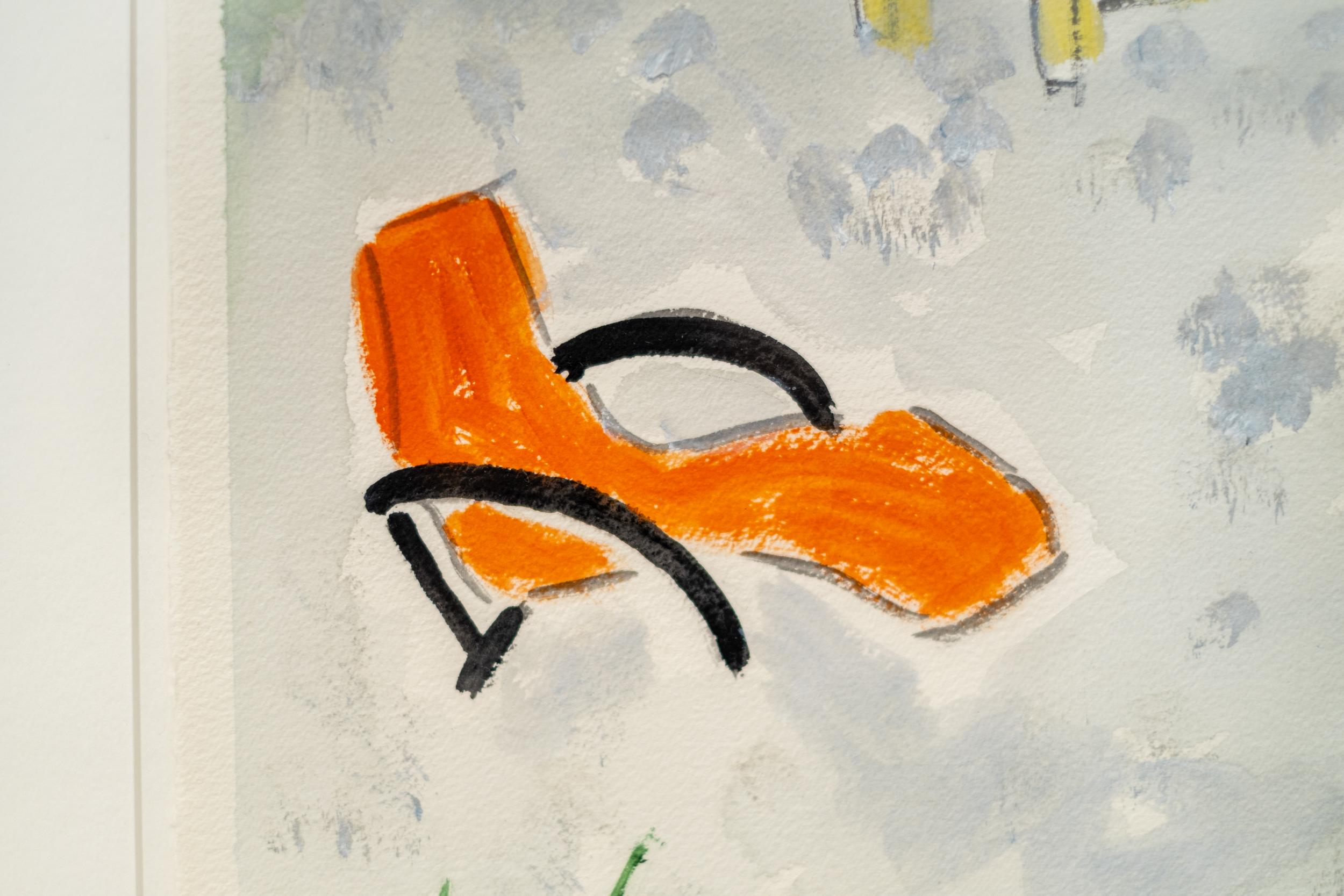 Swimming Pool Orange Chair - zeitgenössisch, minimalistisch, Aquarell auf Papier im Angebot 4