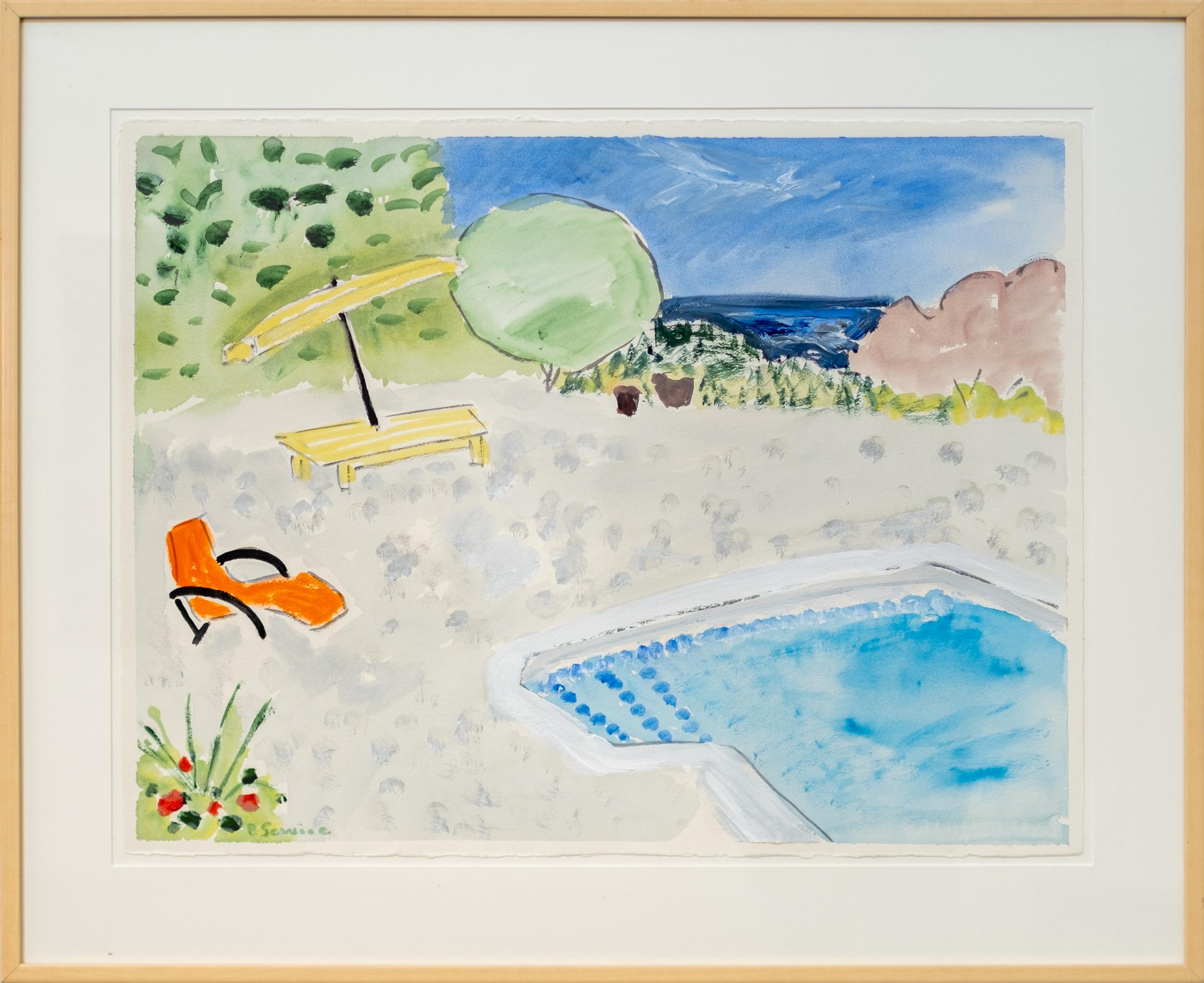 Pat Service Landscape Painting – Swimming Pool Orange Chair - zeitgenössisch, minimalistisch, Aquarell auf Papier