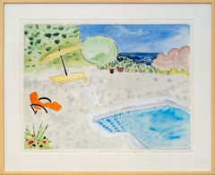 Swimming Pool Orange Chair - contemporary, minimalist, watercolor on paper