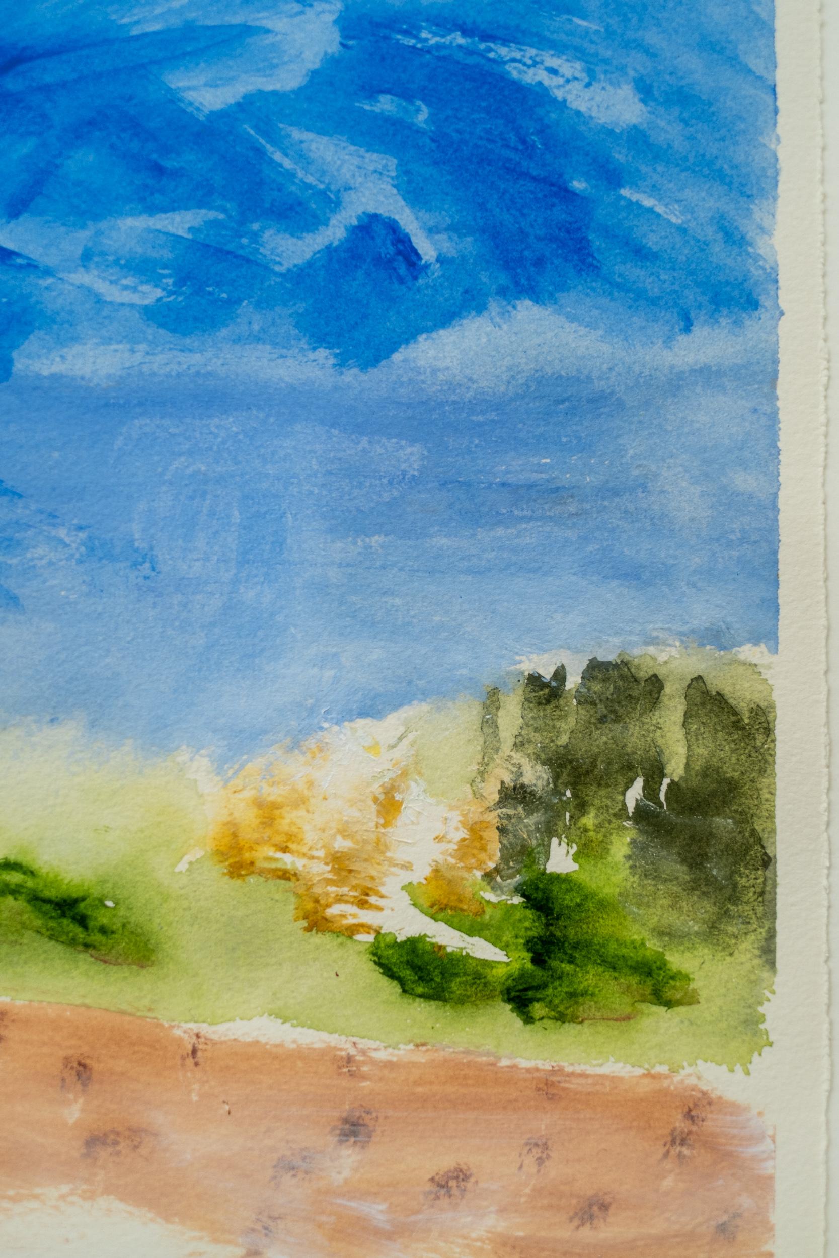 Swimming Pool with Yellow Lounge - contemporary, minimalist, watercolor on paper For Sale 5