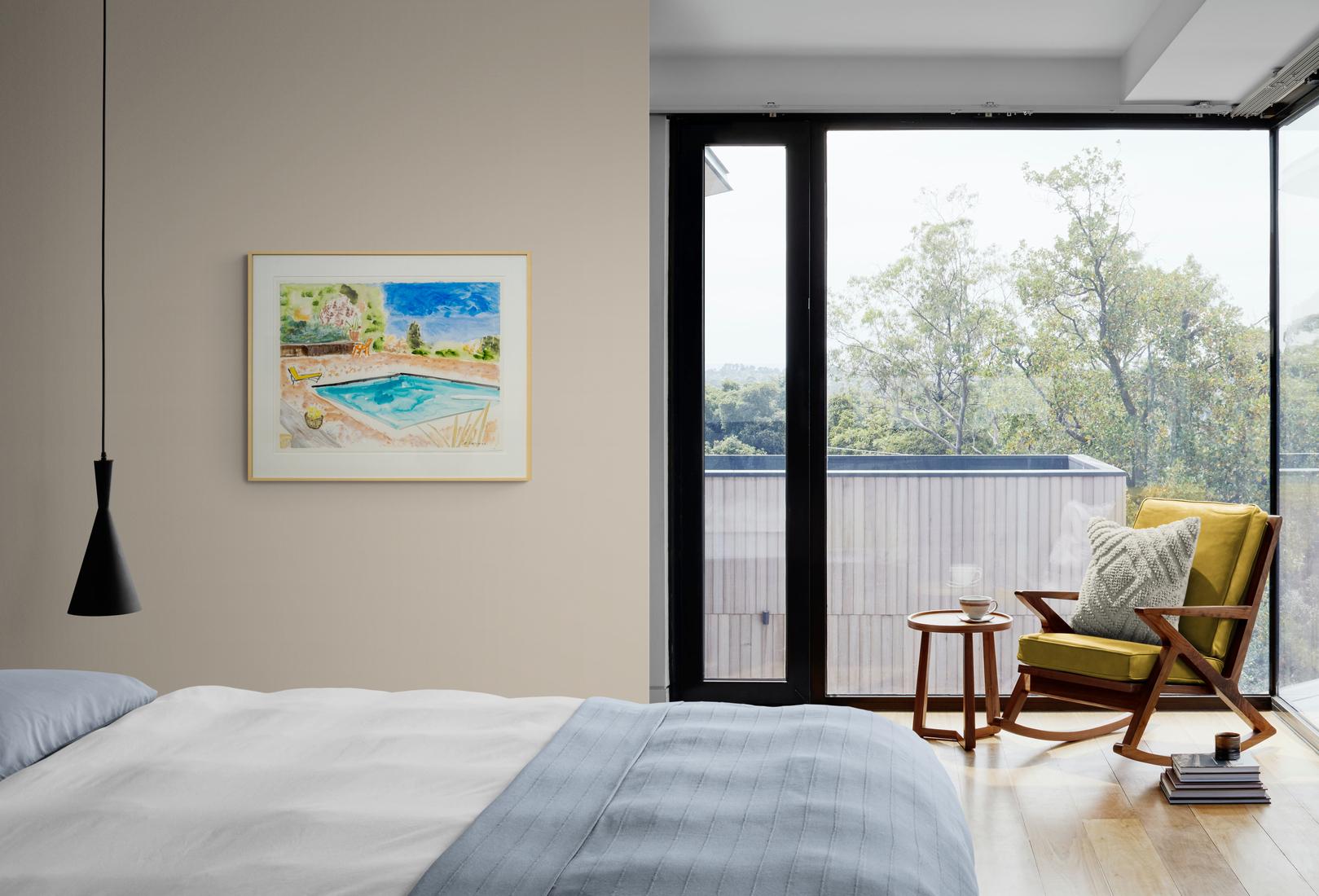 Swimming Pool with Yellow Lounge - contemporary, minimalist, watercolor on paper For Sale 6