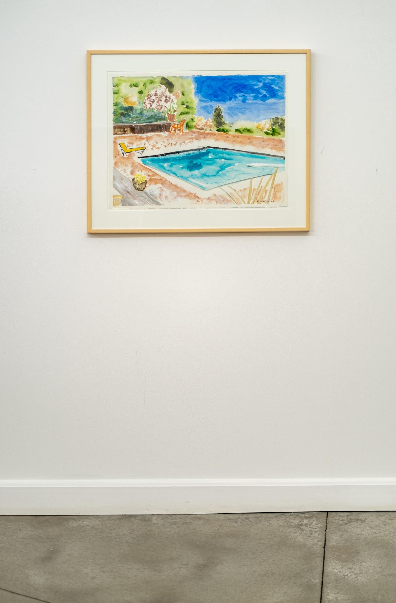 Swimming Pool with Yellow Lounge - contemporary, minimalist, watercolor on paper - Painting by Pat Service