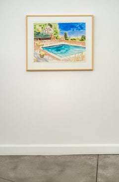 Piscina con Salón Amarillo - contemporáneo, minimalista, acuarela sobre papel